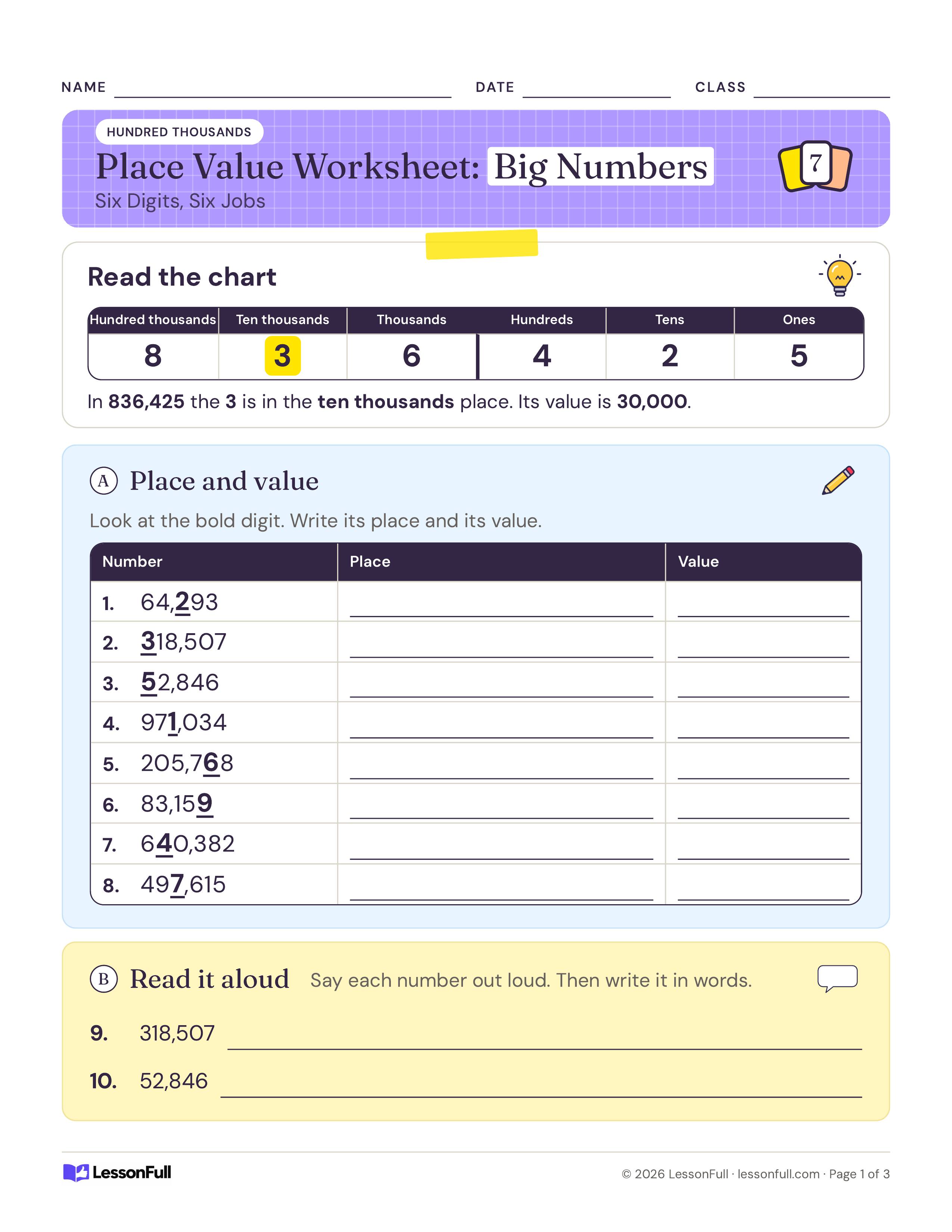 5- and 6-Digit Place Value Worksheet: a six-column place value chart for 836,425, a table for eight underlined digits and two numbers to write in words