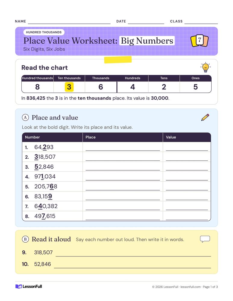 5- and 6-Digit Place Value Worksheet — math worksheet for grades 4–5
