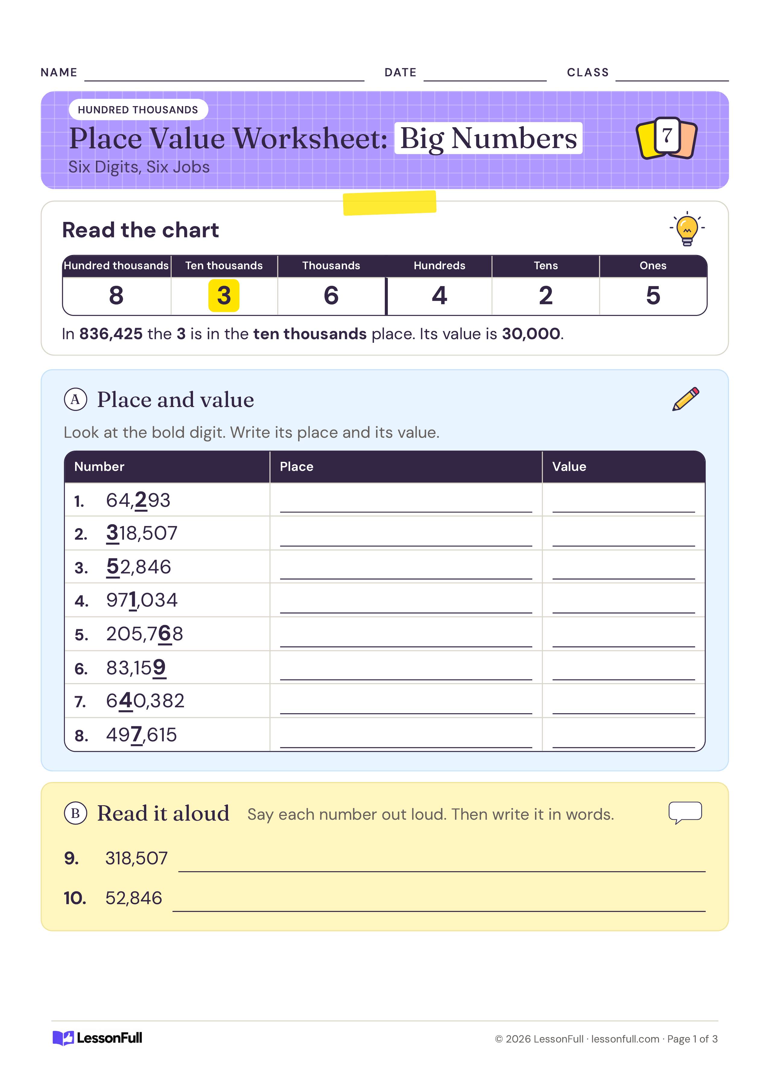 5- and 6-Digit Place Value Worksheet: a six-column place value chart for 836,425, a table for eight underlined digits and two numbers to write in words