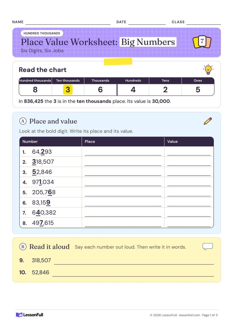 5- and 6-Digit Place Value Worksheet — maths worksheet for years 4–5