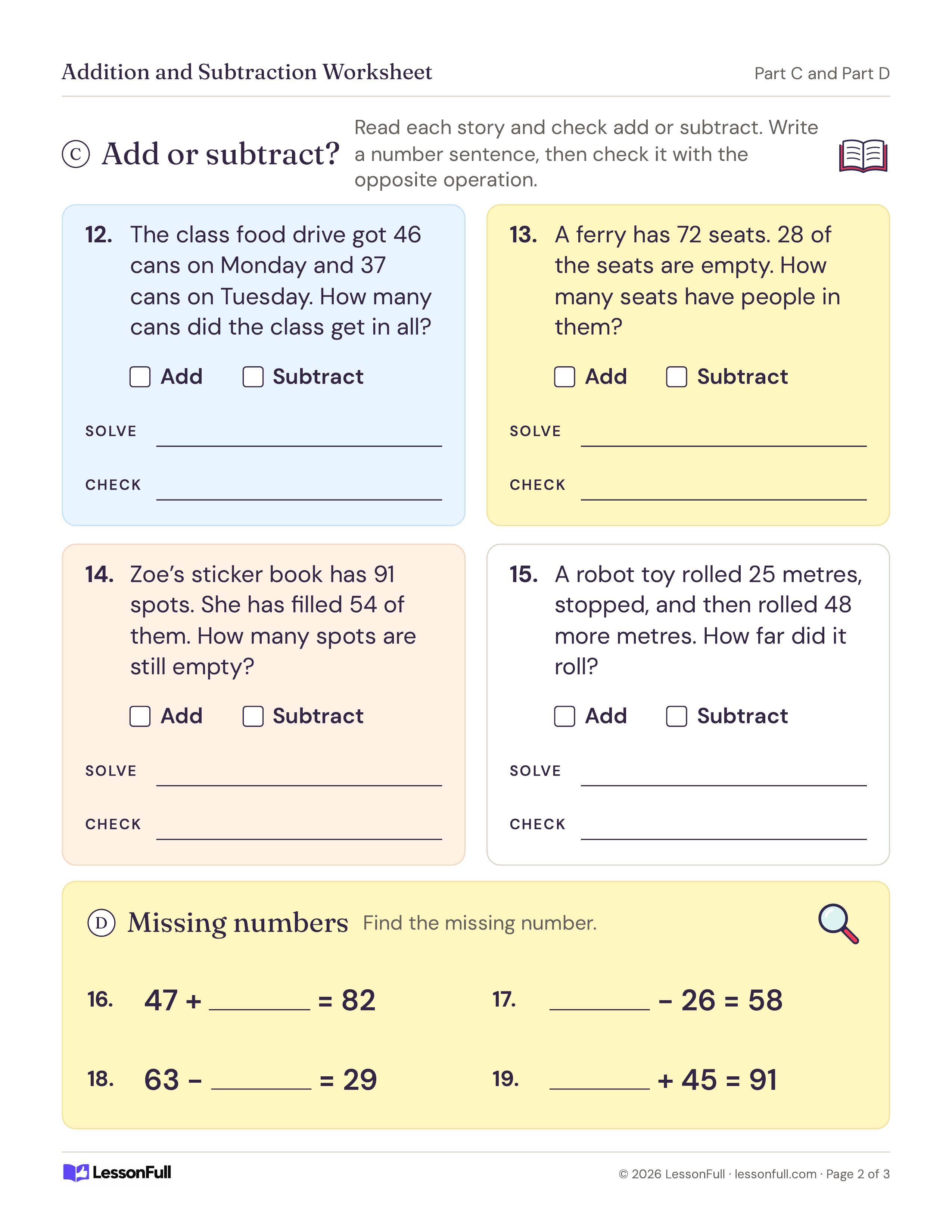 Addition and Subtraction Worksheet: four story problems with add or subtract checkboxes, solve and check lines, plus four missing-number equations