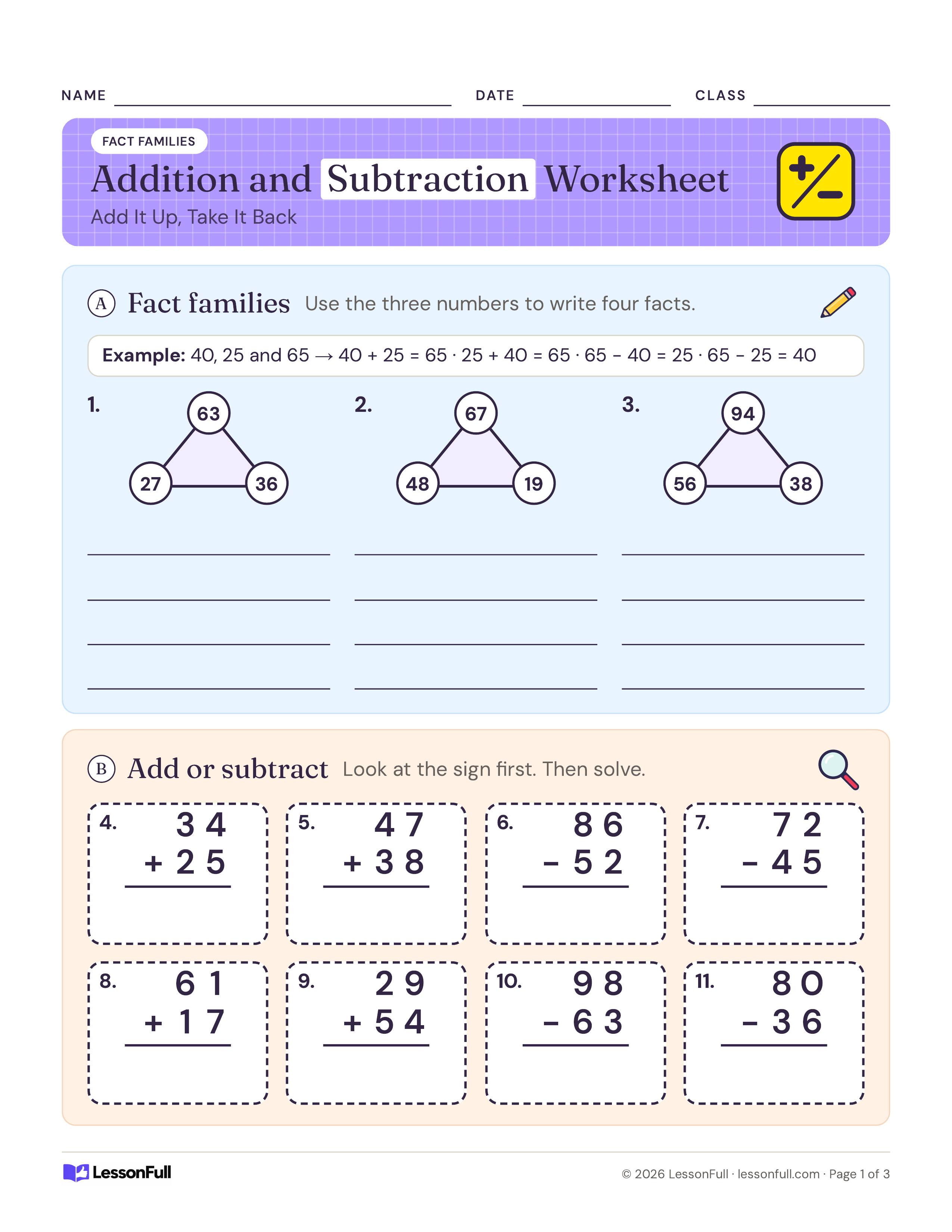 Addition and Subtraction Worksheet: three fact family triangles with lines for four facts each, then eight two-digit add or subtract problems in boxes