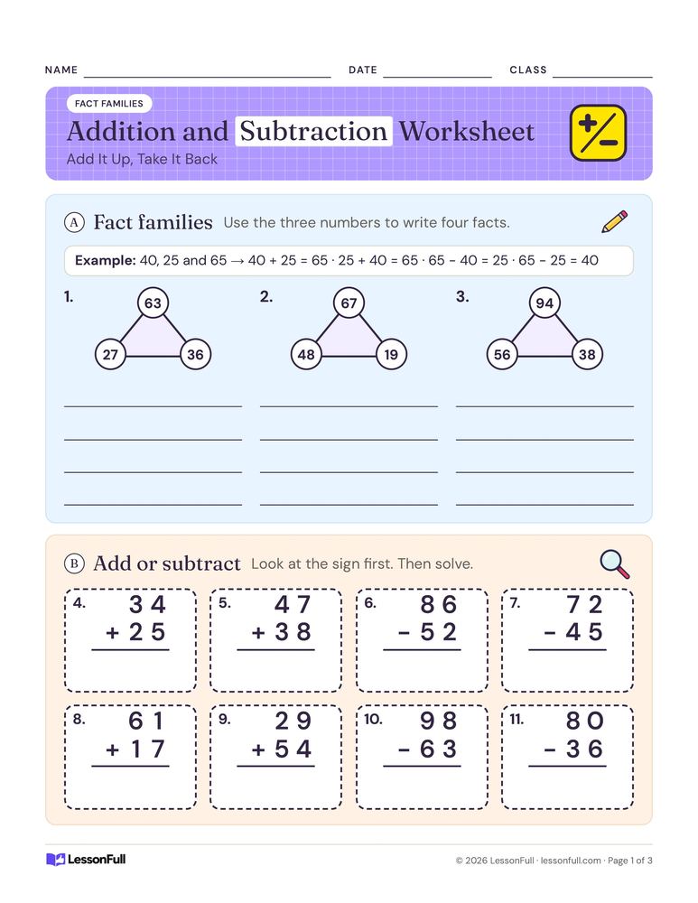 Addition and Subtraction Worksheet — math worksheet for grades 2