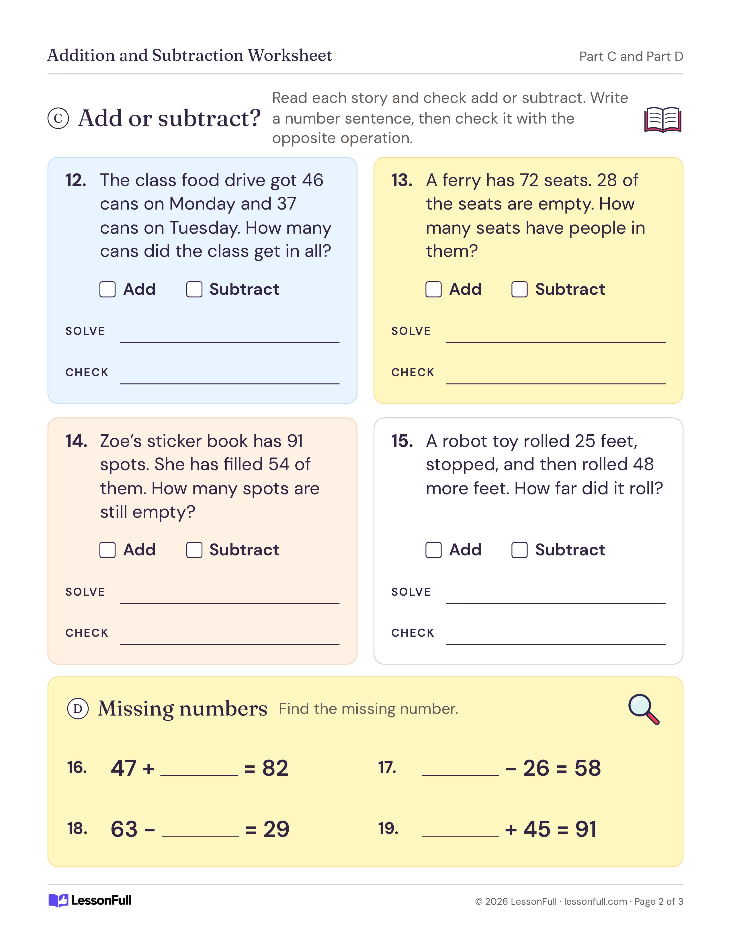Addition and Subtraction Worksheet: four story problems with add or subtract checkboxes, solve and check lines, plus four missing-number equations