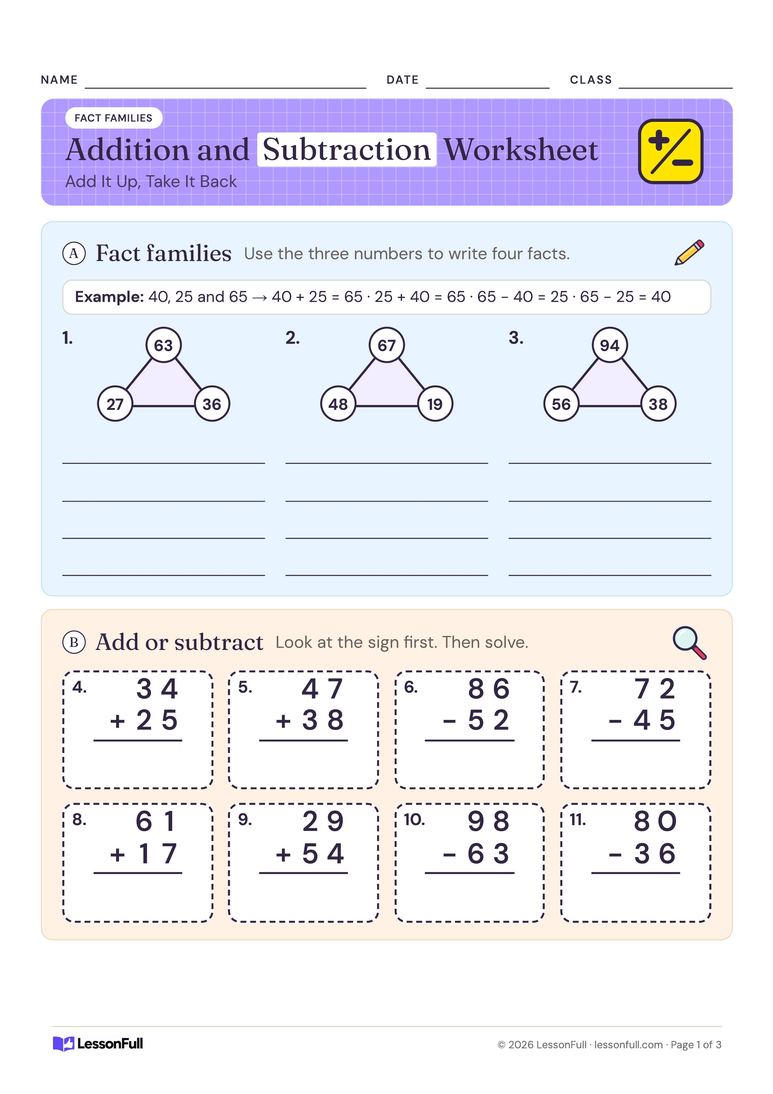 Addition and Subtraction Worksheet — maths worksheet for year 2