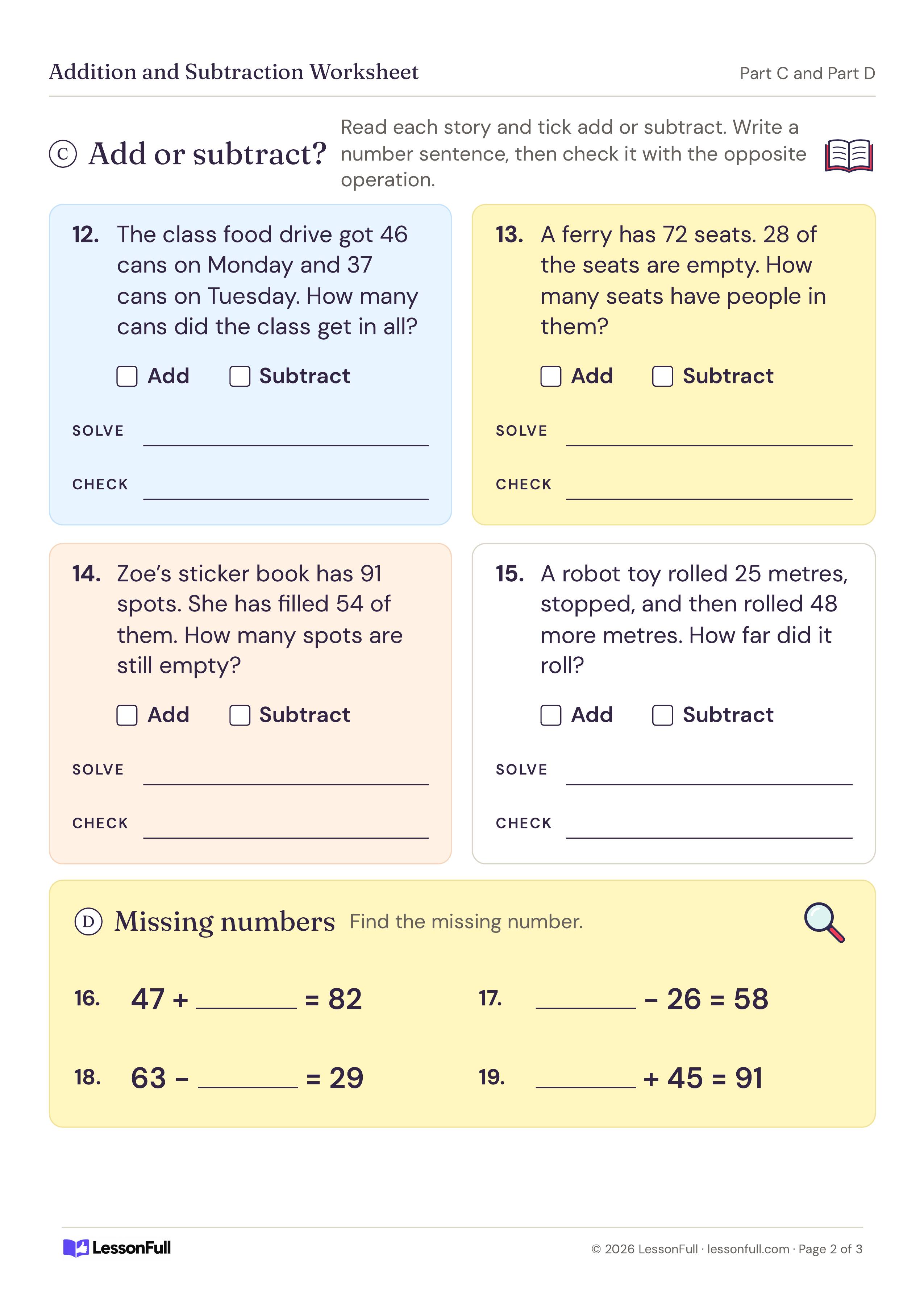 Addition and Subtraction Worksheet: four story problems with add or subtract checkboxes, solve and check lines, plus four missing-number equations