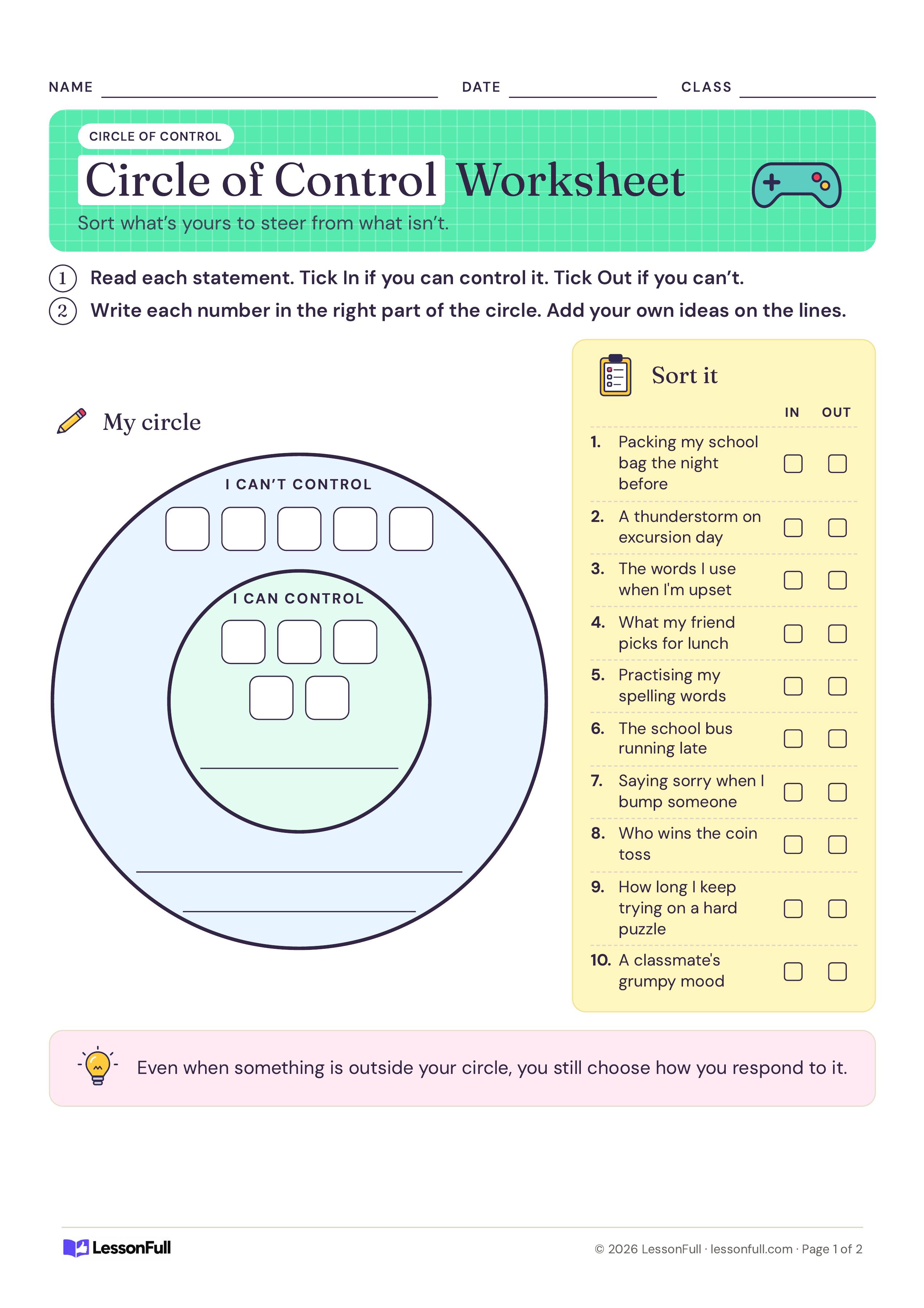 Circle of Control Worksheet: two nested circles for sorting what I can and can't control, beside ten statements to check in or out