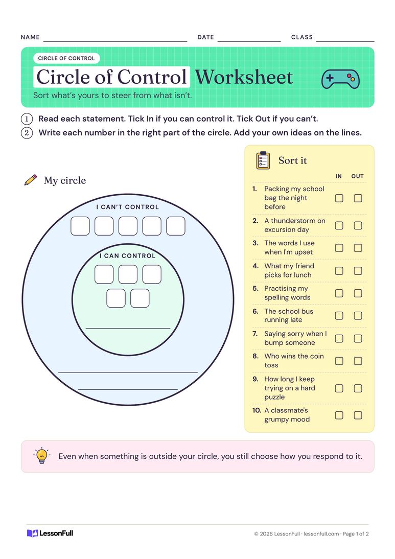 Circle of Control Worksheet — Wellbeing worksheet for years 2–5