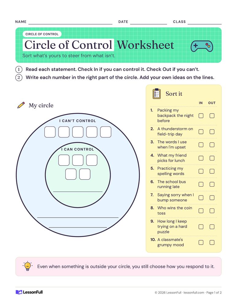 Circle of Control Worksheet — social emotional worksheet for grades 2–5