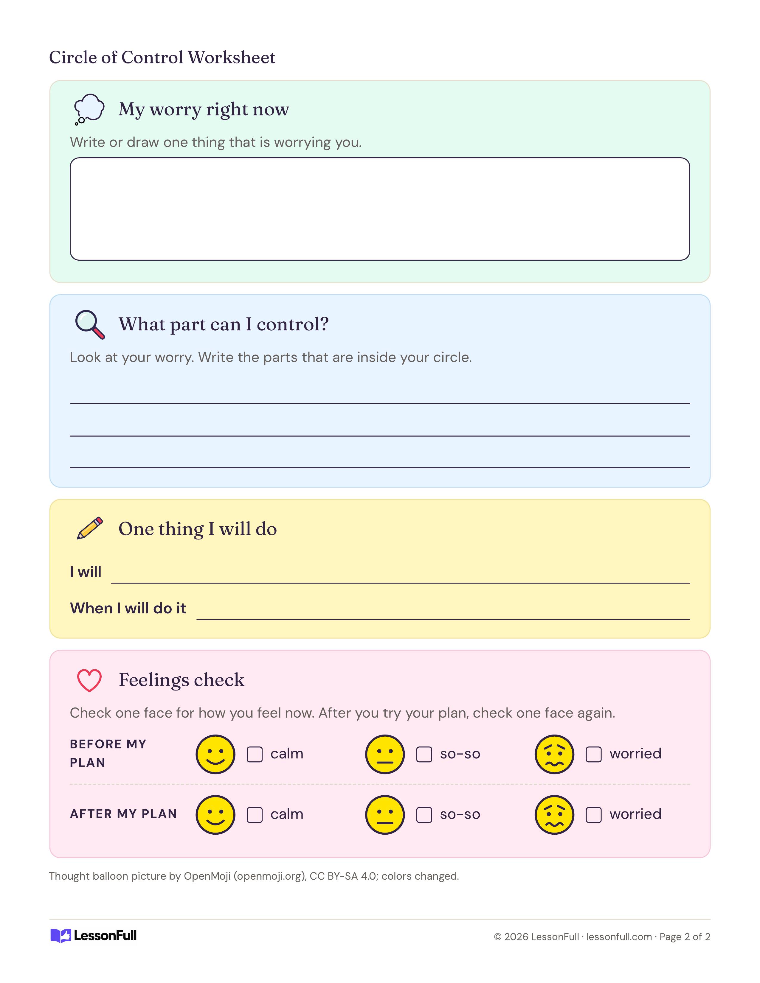 Circle of Control Worksheet: a worry box, lines for the parts I can control, a one-thing-I-will-do plan and before and after feeling faces
