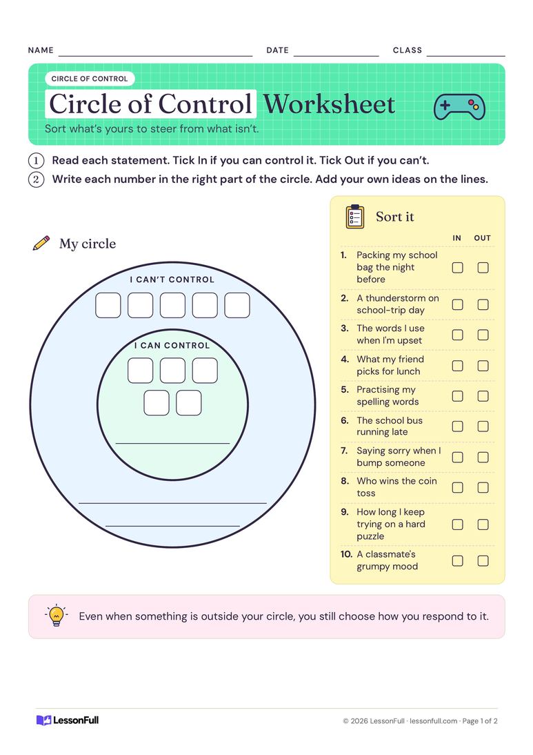 Circle of Control Worksheet — PSHE and wellbeing worksheet for years 3–6