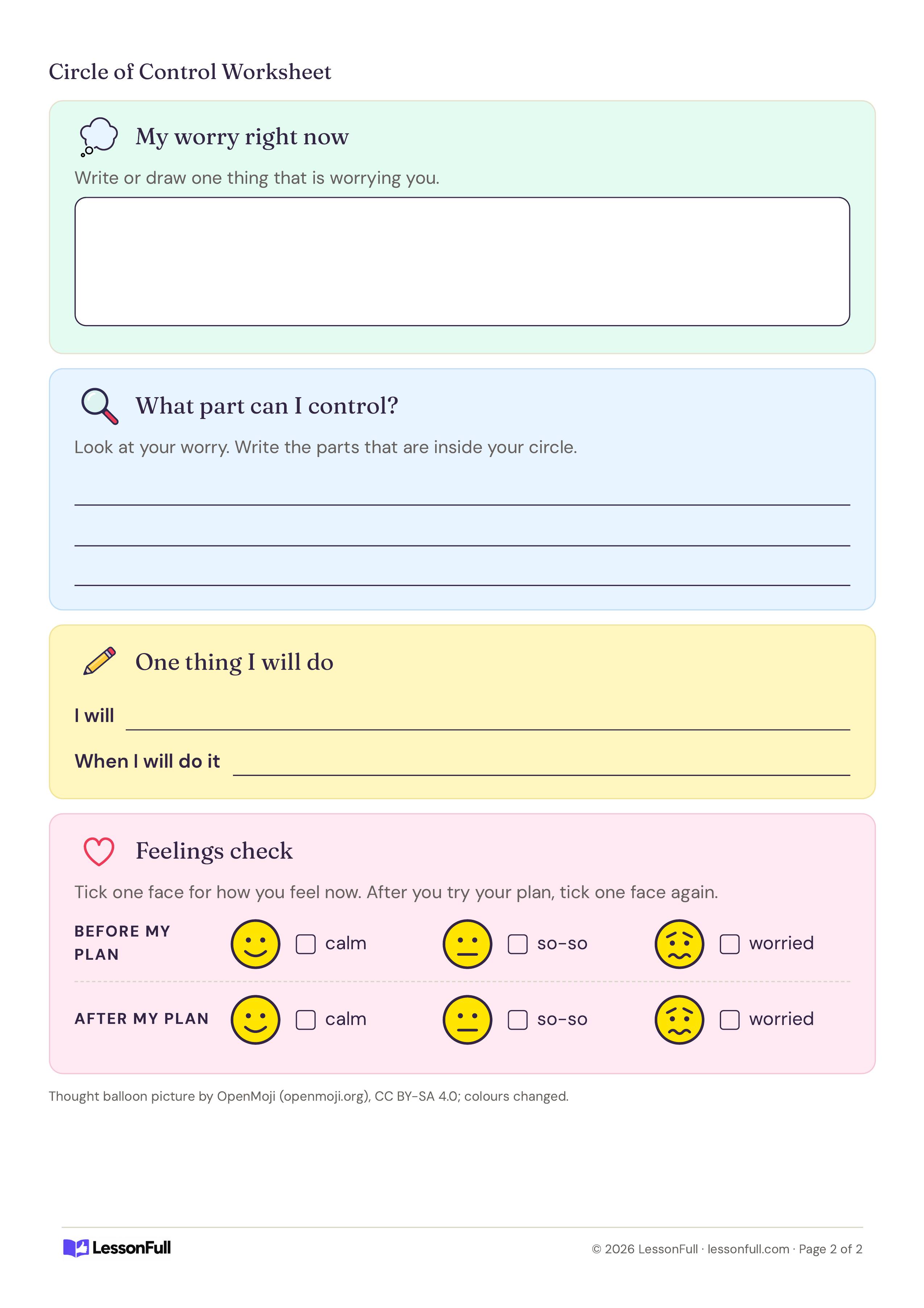 Circle of Control Worksheet: a worry box, lines for the parts I can control, a one-thing-I-will-do plan and before and after feeling faces