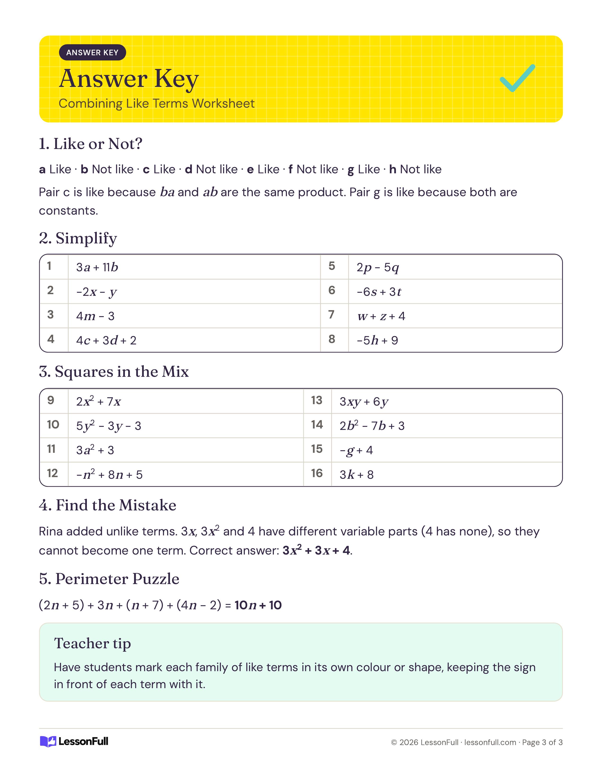 Combining Like Terms Worksheet: answer key with like-or-not results, tables of simplified expressions, the corrected mistake and the perimeter