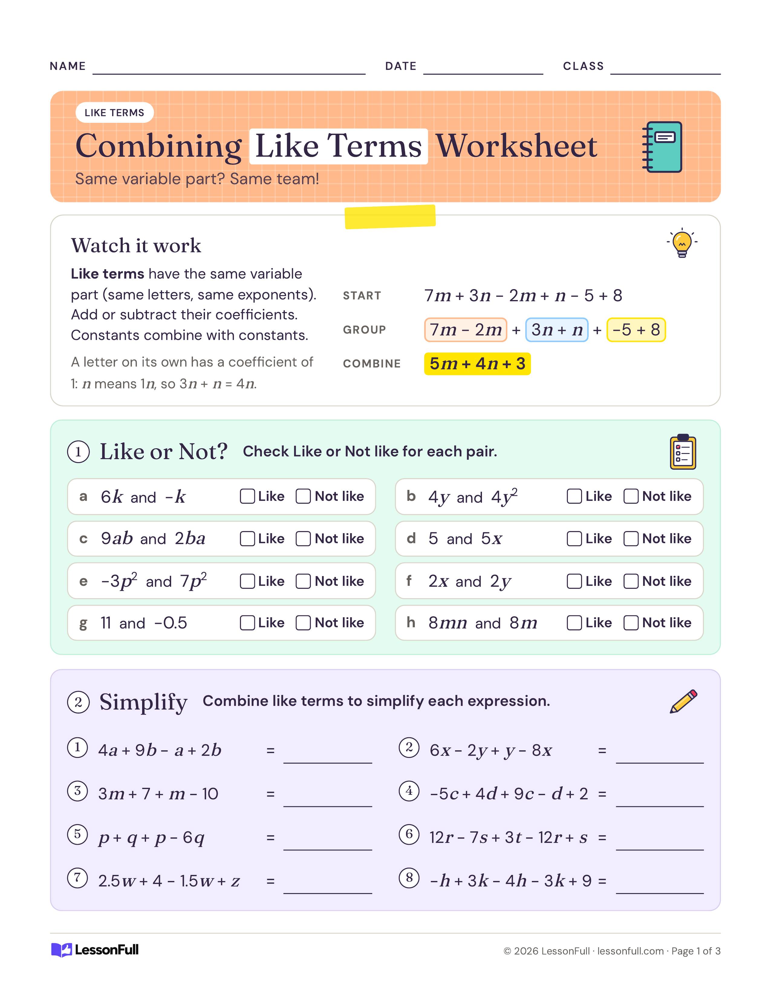 Combining Like Terms Worksheet: a color-coded start, group, combine example, eight like-or-not term pairs to check and eight expressions to simplify