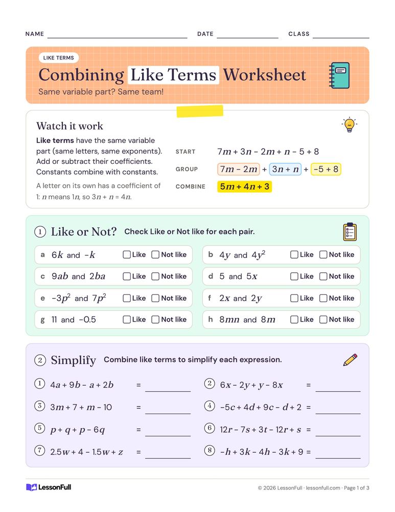 Combining Like Terms Worksheet — math worksheet for grades 6–8