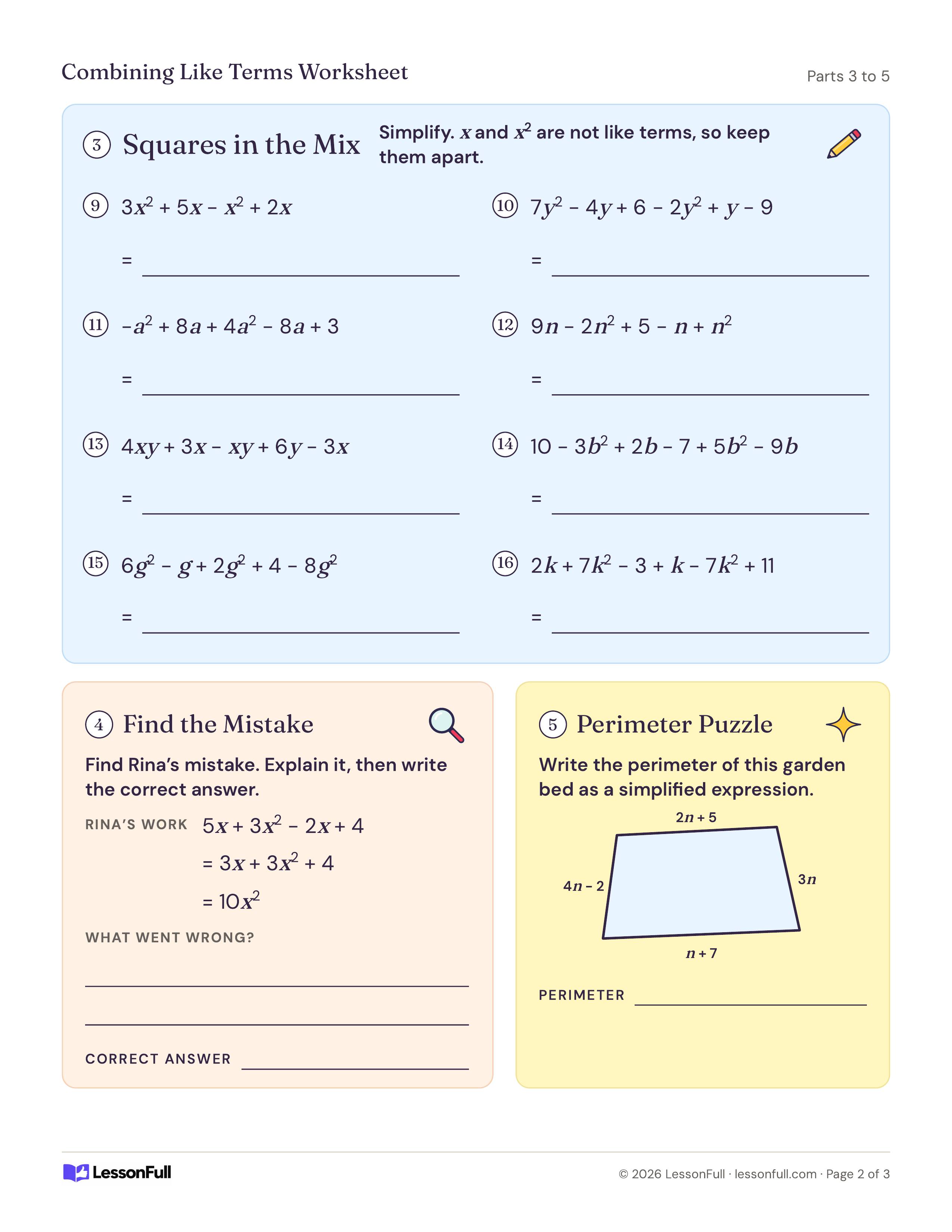 Combining Like Terms Worksheet: eight expressions with squared terms, a find-the-mistake task on student work and a trapezoid garden perimeter puzzle