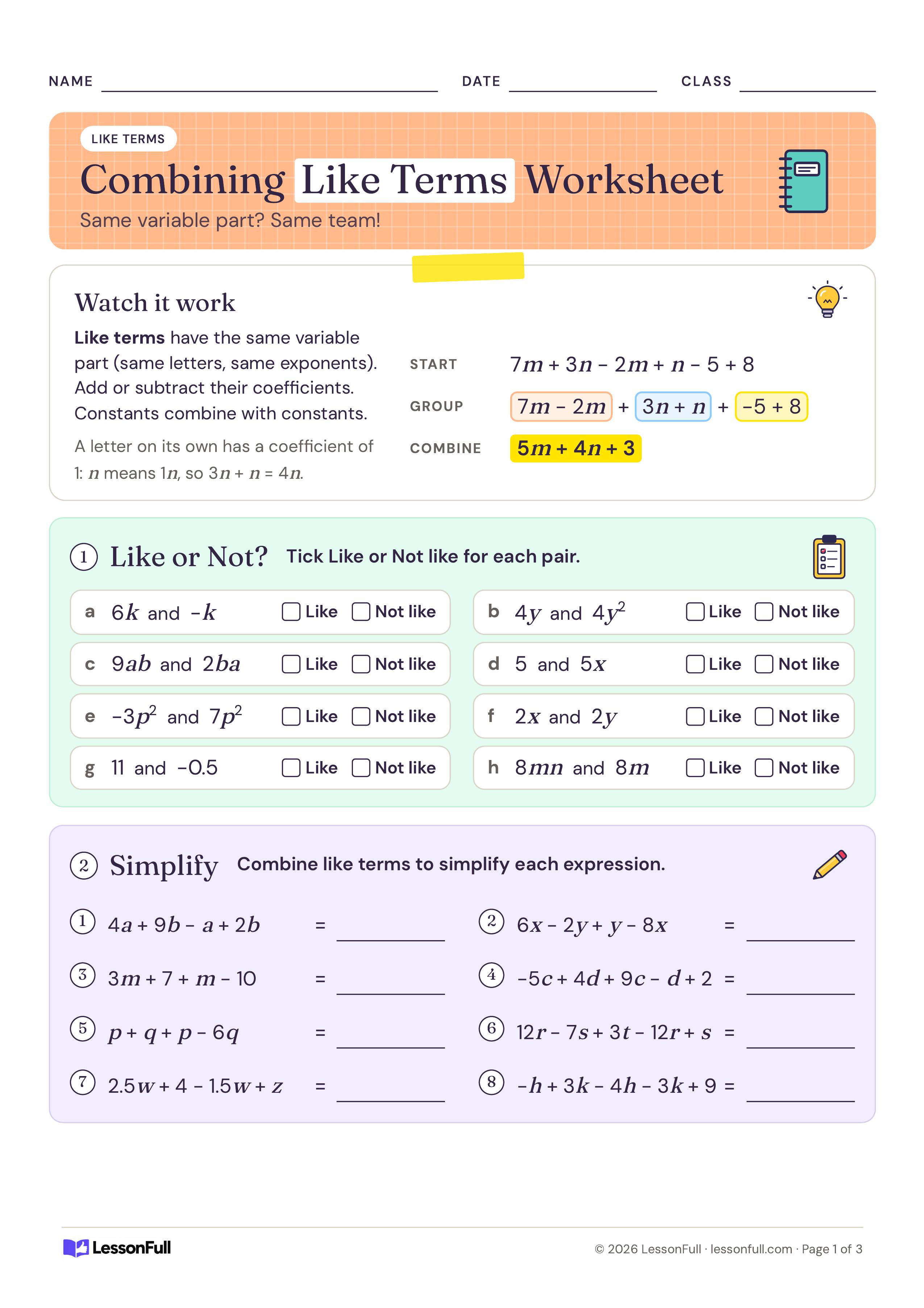 Combining Like Terms Worksheet: a colour-coded start, group, combine example, eight like-or-not term pairs to check and eight expressions to simplify