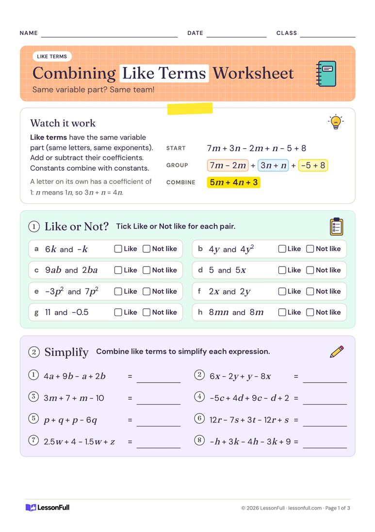 Combining Like Terms Worksheet — maths worksheet for years 6–8