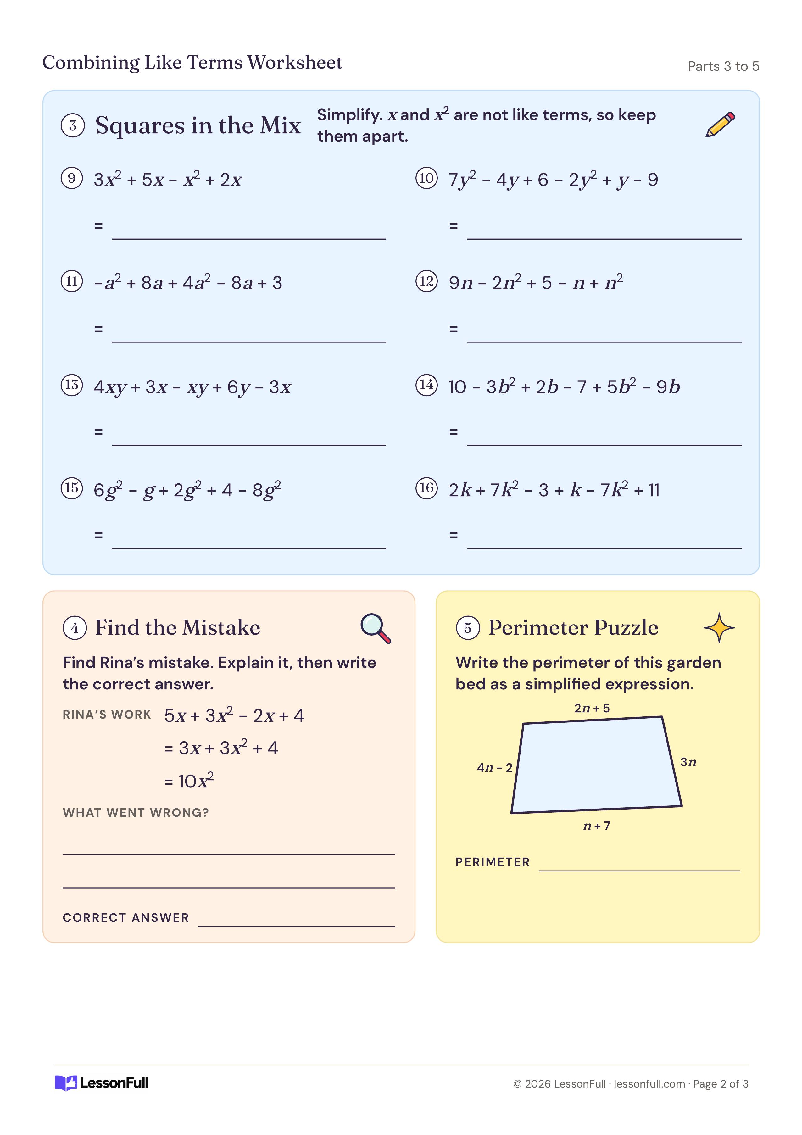 Combining Like Terms Worksheet: eight expressions with squared terms, a find-the-mistake task on student work and a trapezoid garden perimeter puzzle