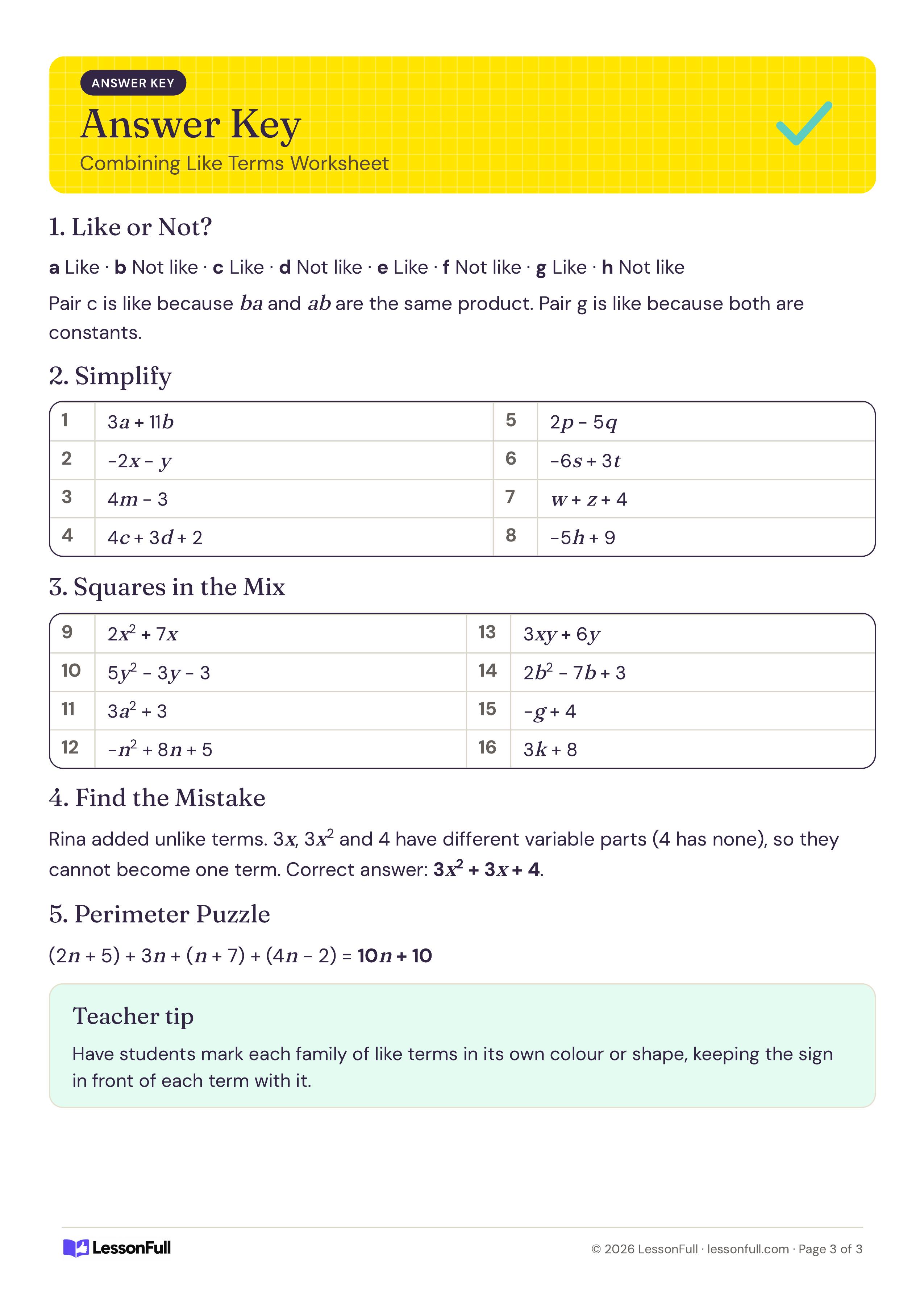 Combining Like Terms Worksheet: answer key with like-or-not results, tables of simplified expressions, the corrected mistake and the perimeter