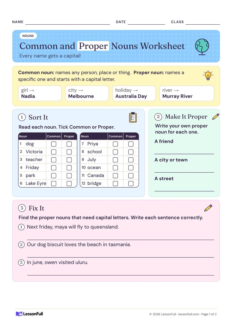 Common and Proper Nouns Worksheet — English worksheet for years 1–2