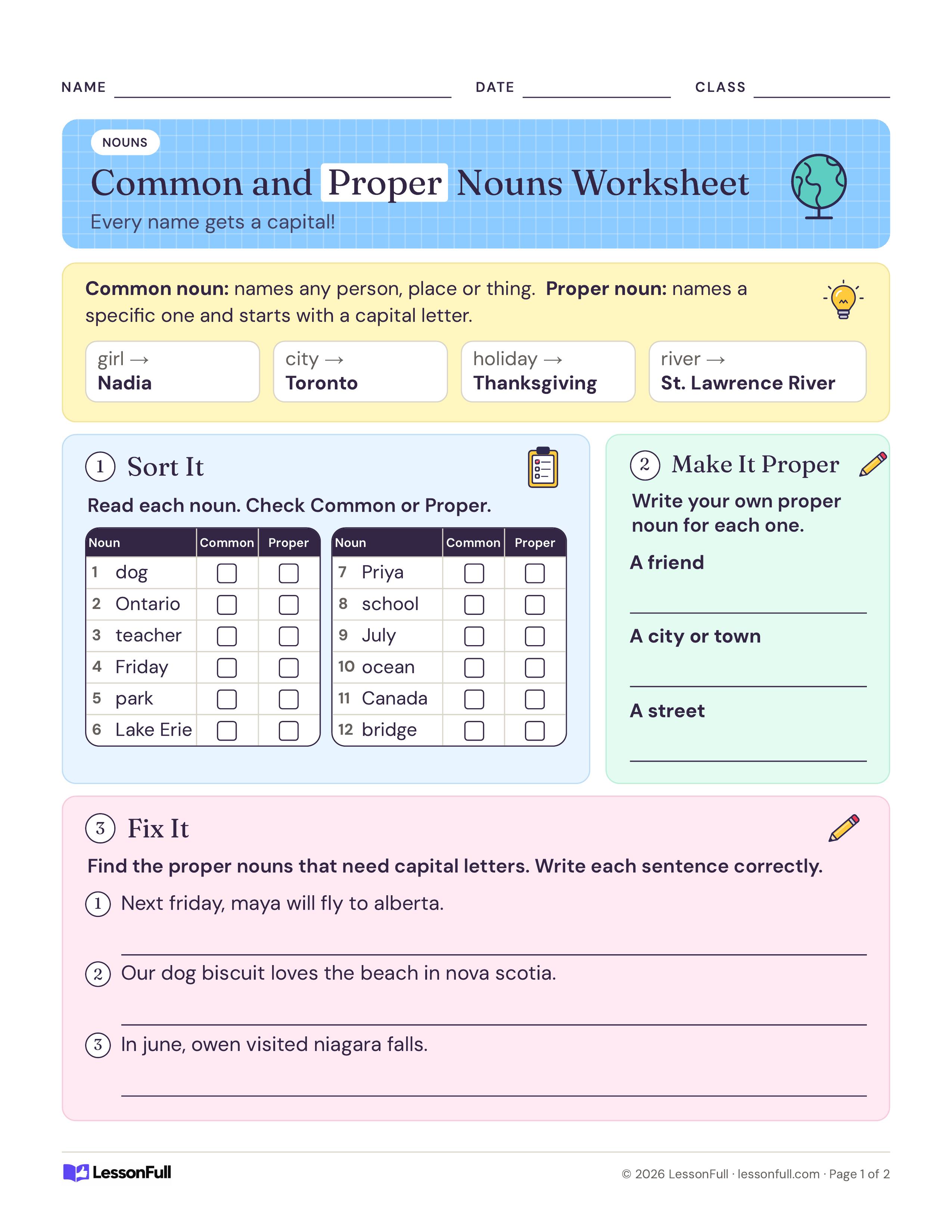 Common and Proper Nouns Worksheet: four noun examples, a 12-noun common or proper checkbox table, write-your-own lines and three sentences to fix