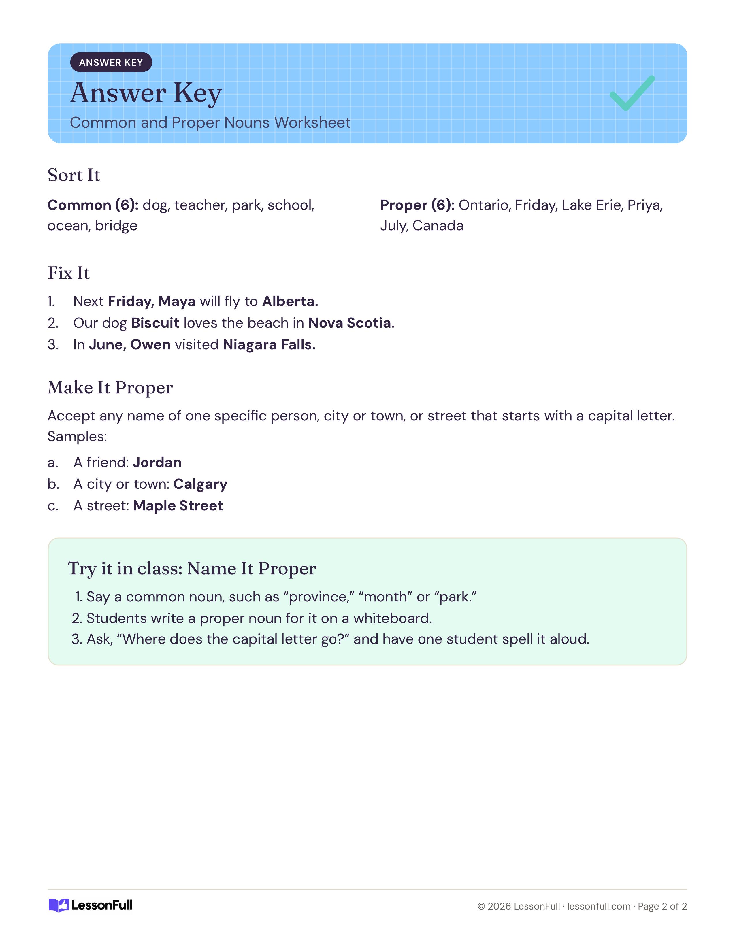 Common and Proper Nouns Worksheet: answer key with the sorted noun lists, corrected capitalized sentences, sample proper nouns and a class activity