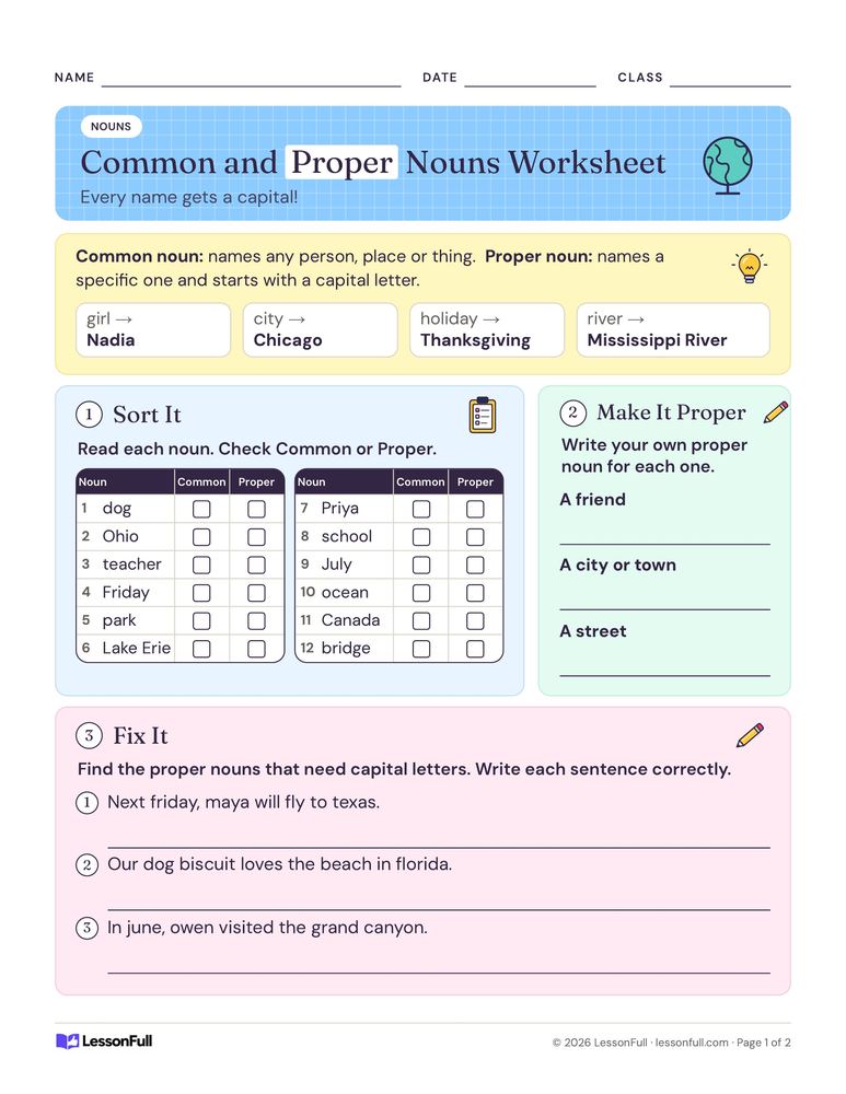 Common and Proper Nouns Worksheet — language arts worksheet for grades 1–2