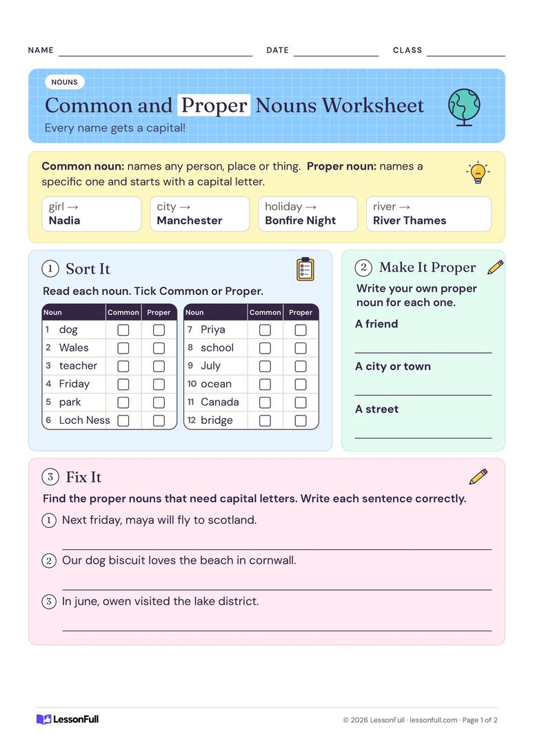 Common and Proper Nouns Worksheet — English worksheet for years 2–3