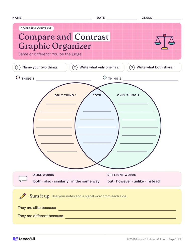 Compare and Contrast Graphic Organizer — language arts worksheet for grades 2–5