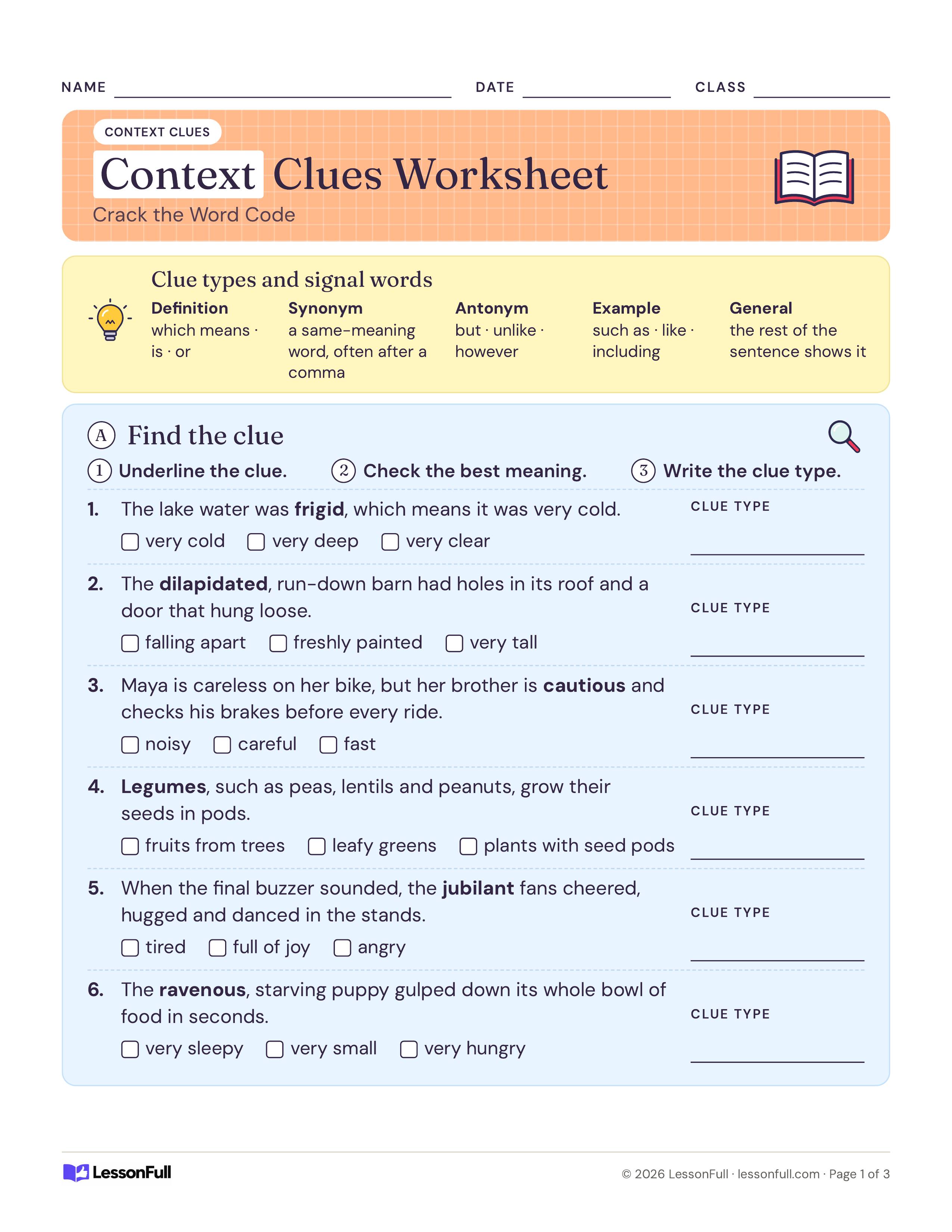 Context Clues Worksheet: a chart of five clue types with signal words, then six sentences with a bold word, meaning choices and a clue type line