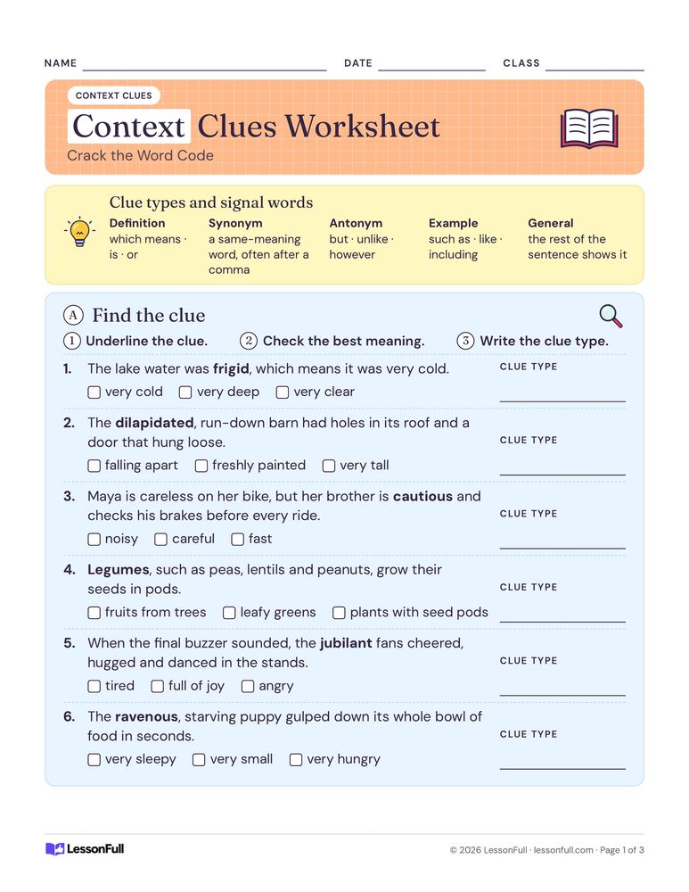 Context Clues Worksheet — language arts worksheet for grades 3–5