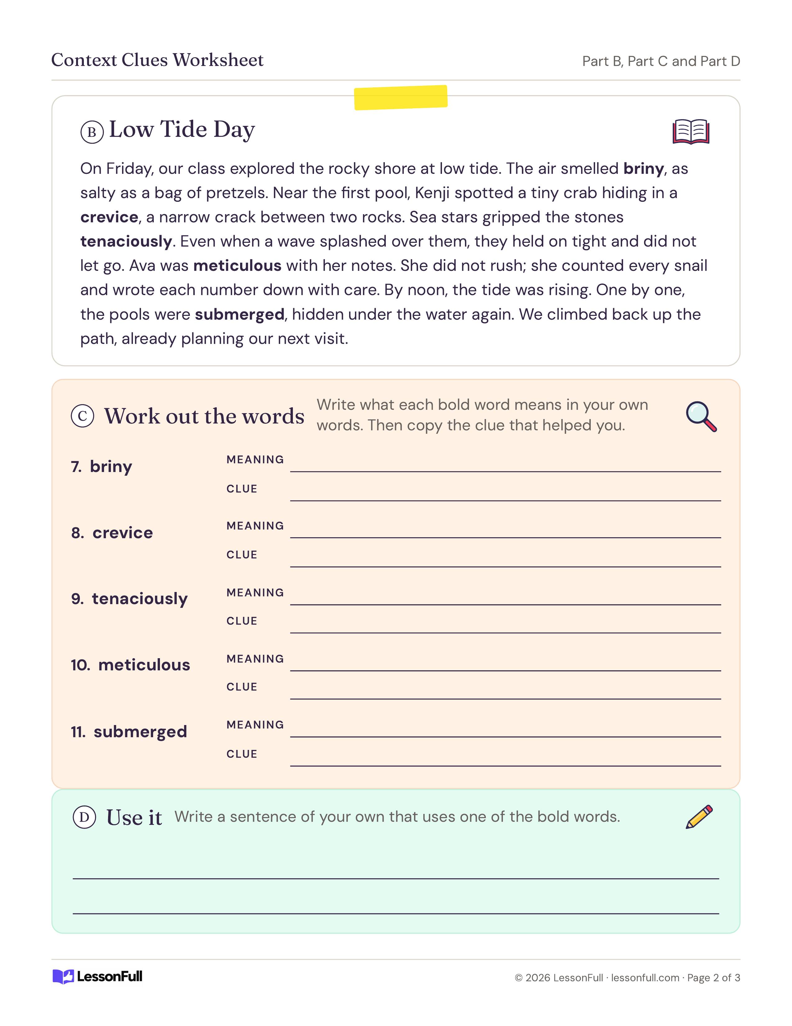 Context Clues Worksheet: a short low tide passage with five bold words, meaning and clue lines for each word and a write-your-own sentence box