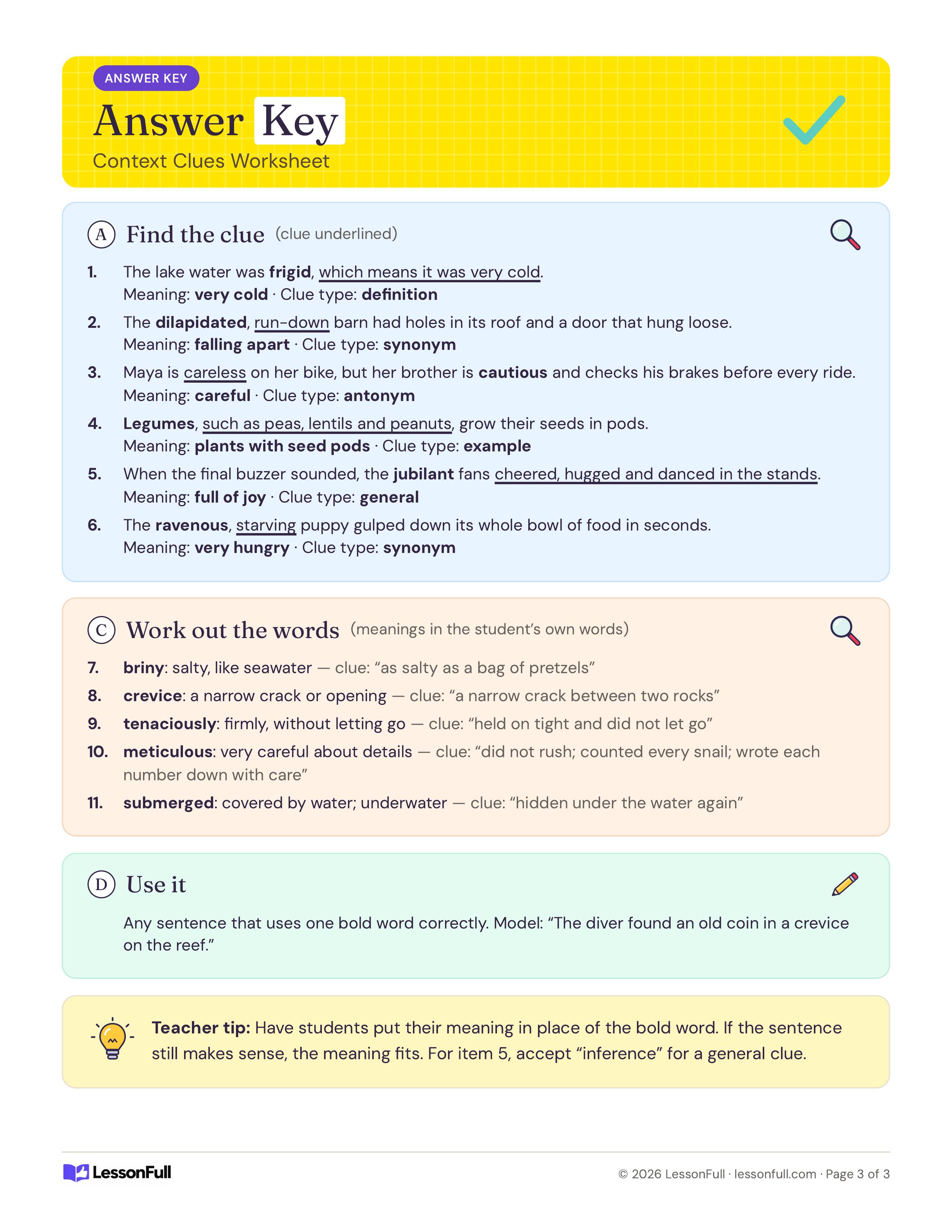 Context Clues Worksheet: answer key with the clues underlined, meanings and clue types, the passage word meanings, a model sentence and a tip