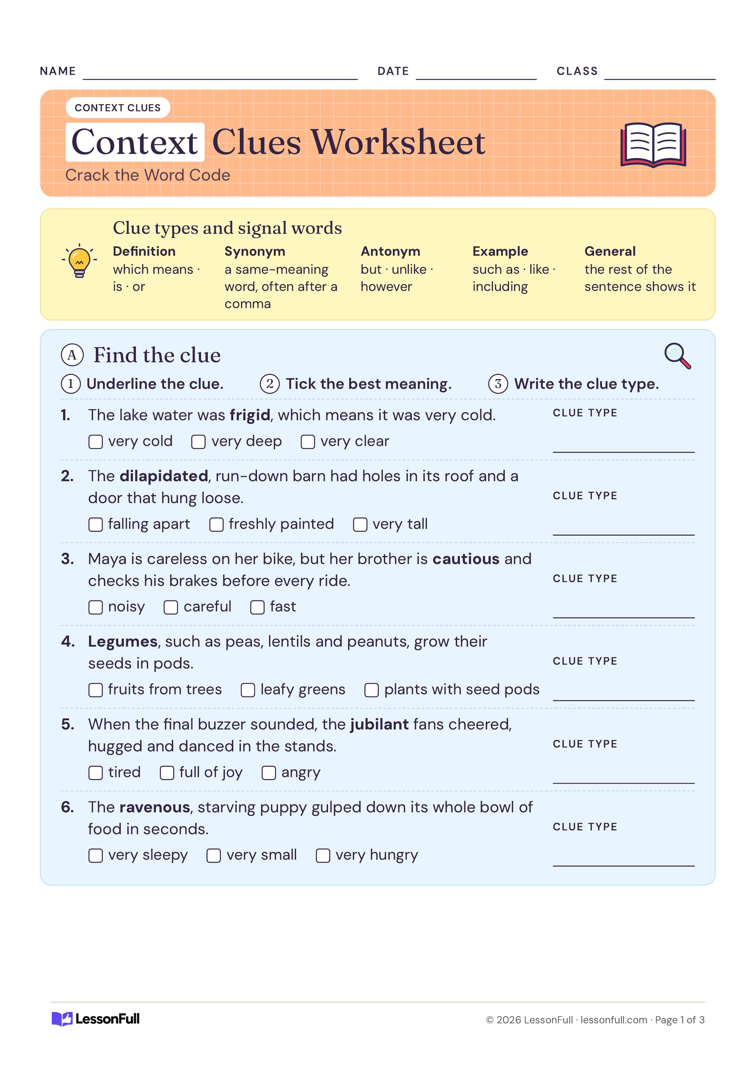 Context Clues Worksheet: a chart of five clue types with signal words, then six sentences with a bold word, meaning choices and a clue type line