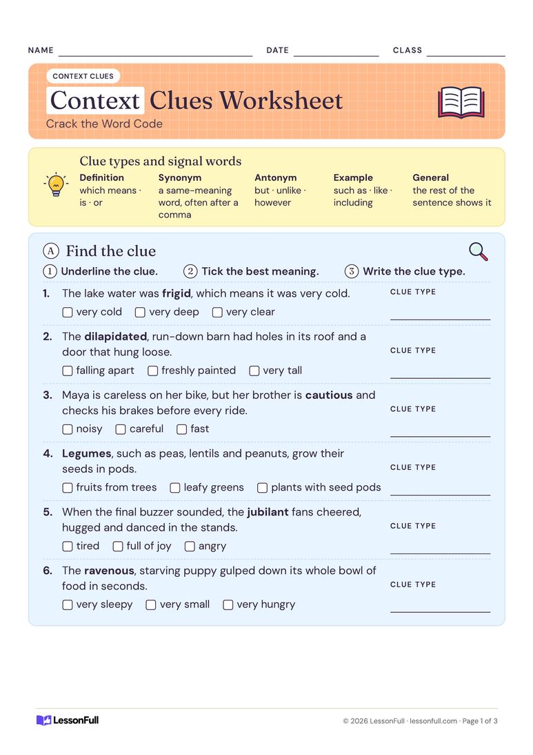 Context Clues Worksheet — English worksheet for years 3–5