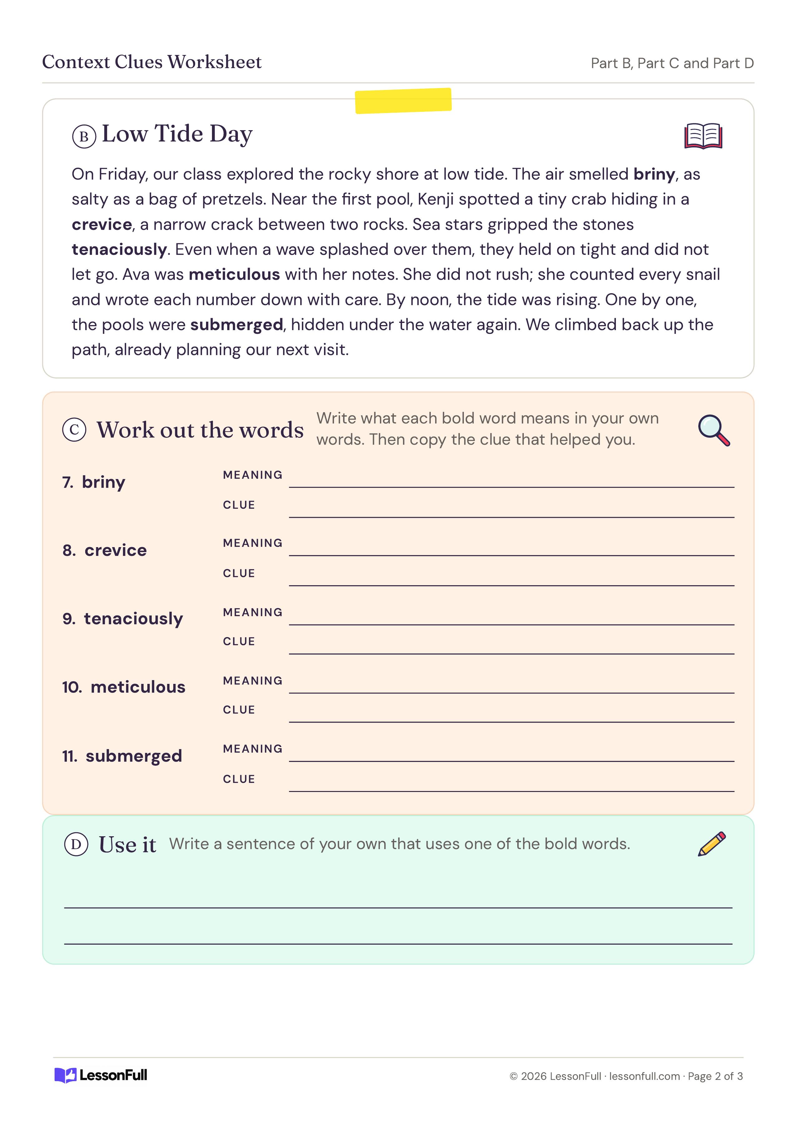 Context Clues Worksheet: a short low tide passage with five bold words, meaning and clue lines for each word and a write-your-own sentence box