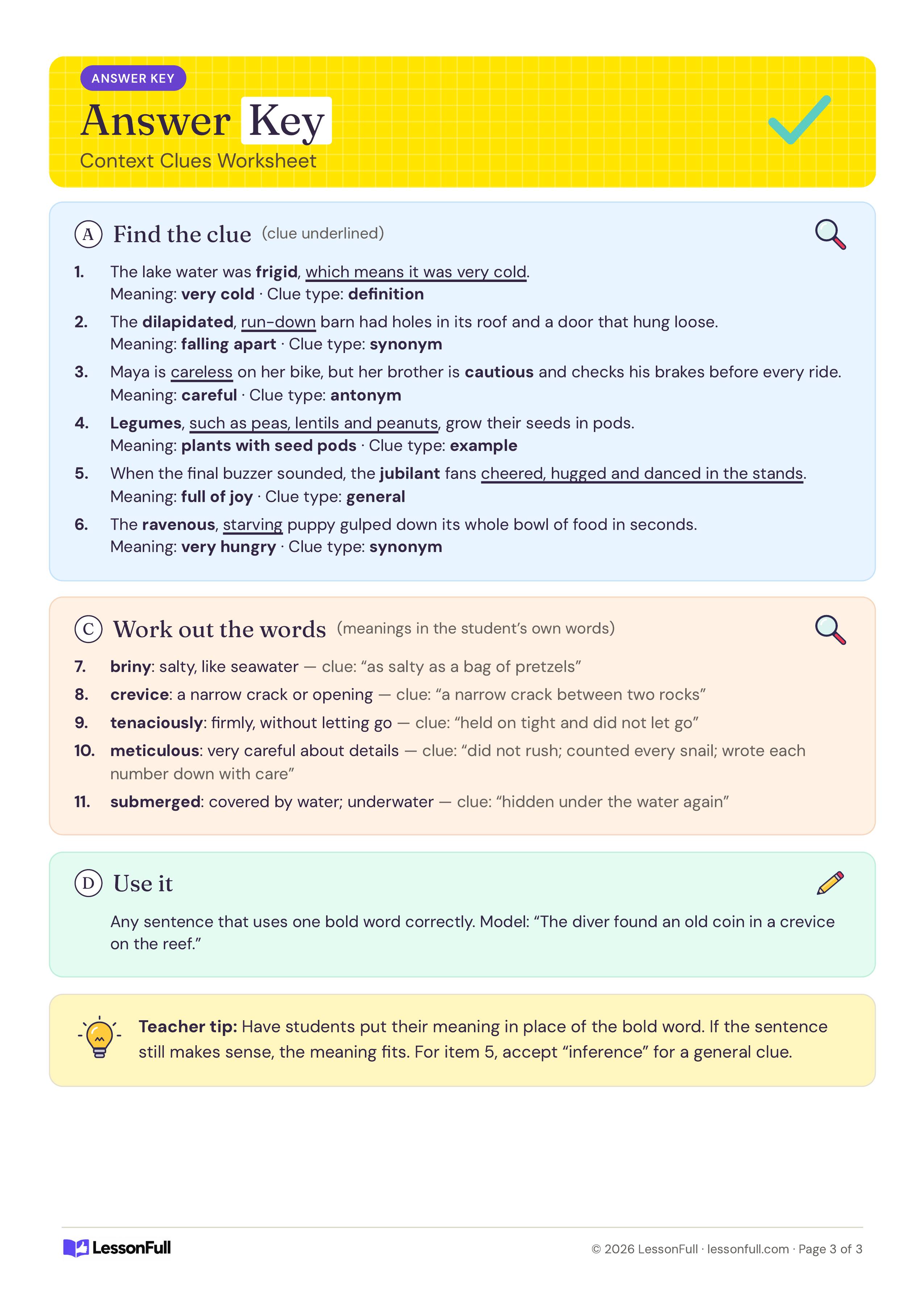 Context Clues Worksheet: answer key with the clues underlined, meanings and clue types, the passage word meanings, a model sentence and a tip