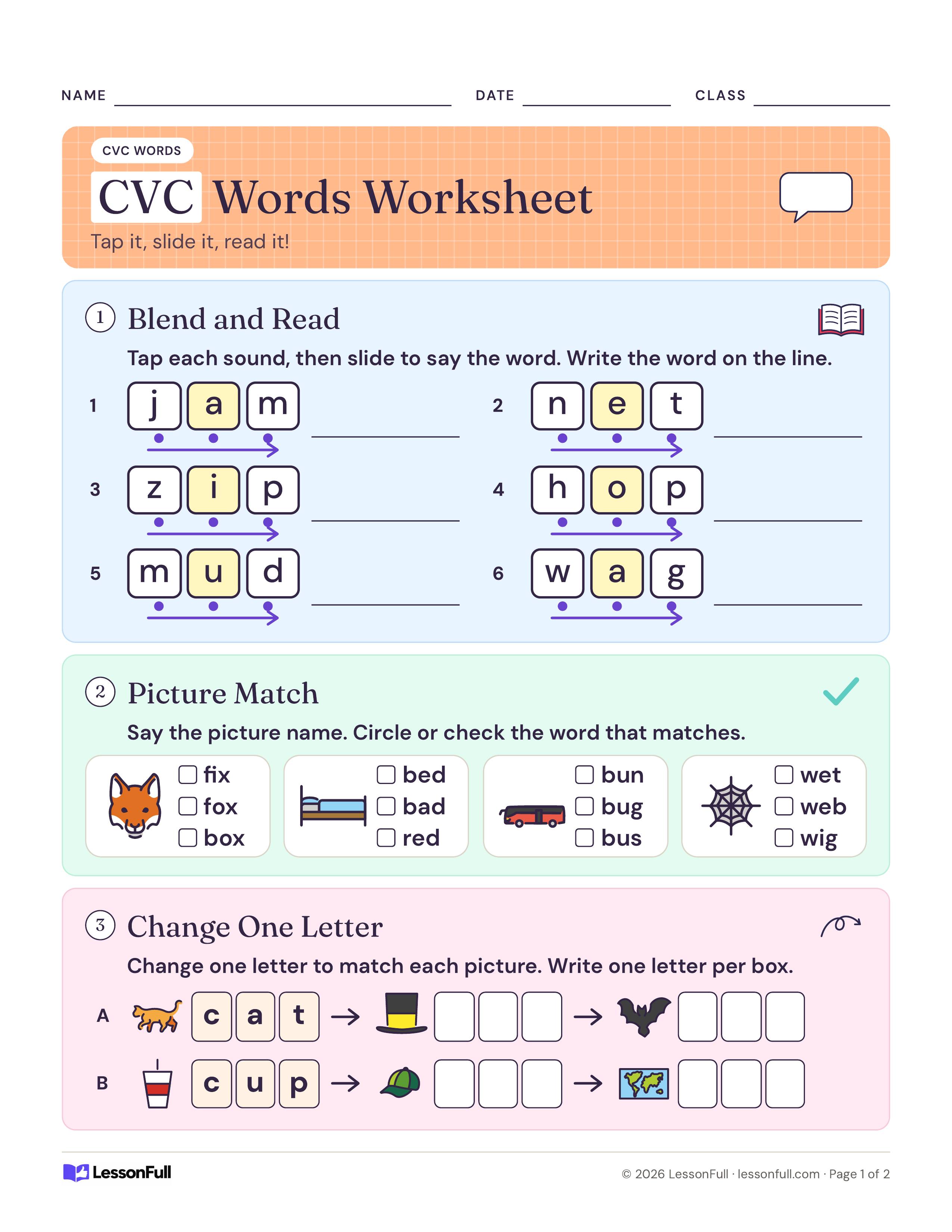CVC Words Worksheet: six letter-box words with tap dots and slide arrows, four pictures to match with words, and two change-one-letter chains
