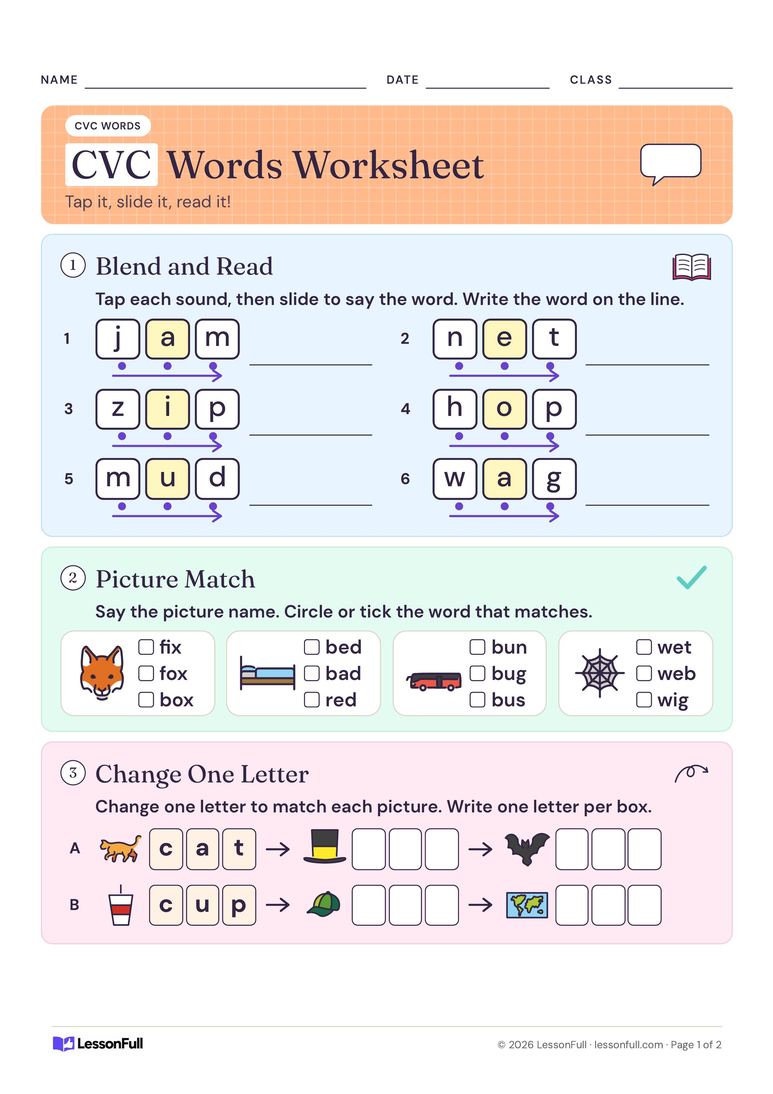 CVC Words Worksheet — English worksheet for Foundation–Year 1
