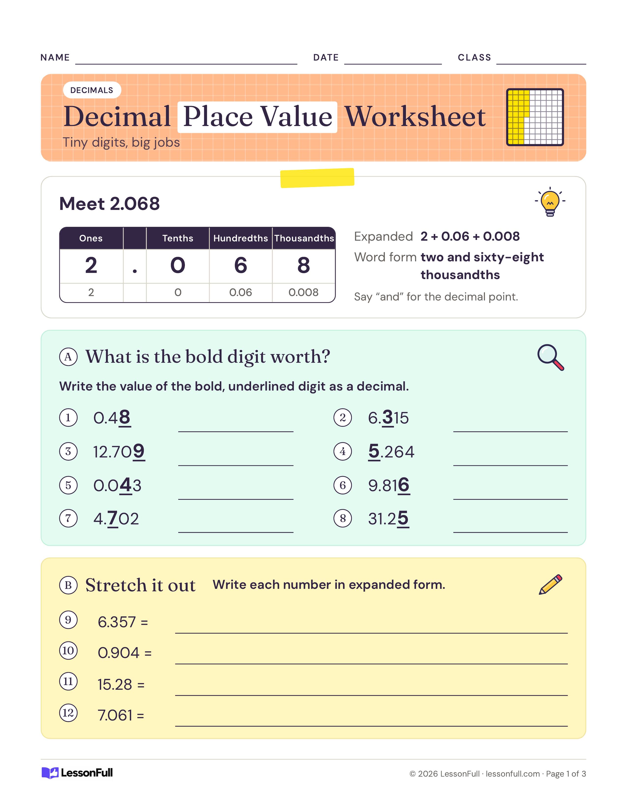 Decimal Place Value Worksheet: a place value chart for 2.068 with expanded and word forms, plus bold-digit value and expanded-form questions