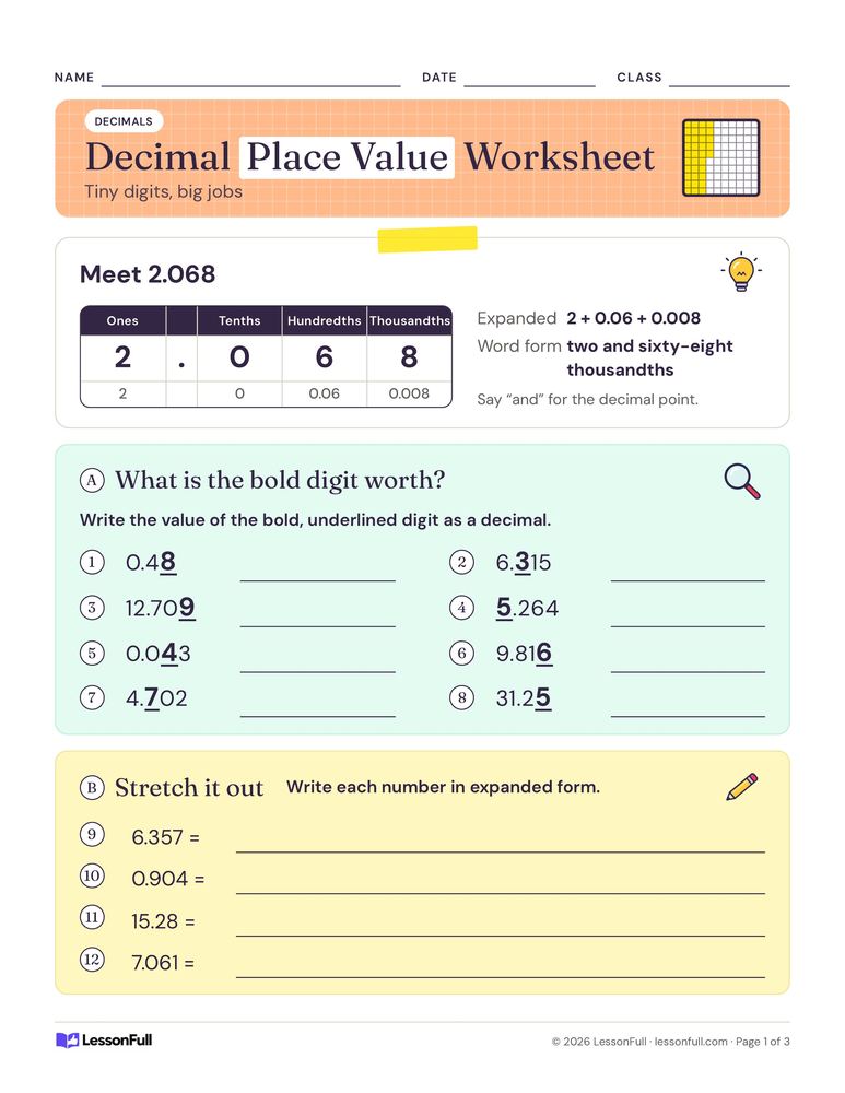 Decimal Place Value Worksheet — math worksheet for grades 5–6