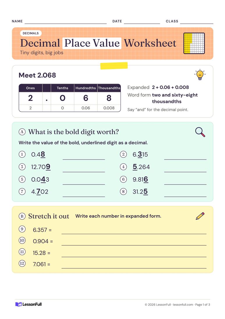 Decimal Place Value Worksheet — maths worksheet for years 5–6
