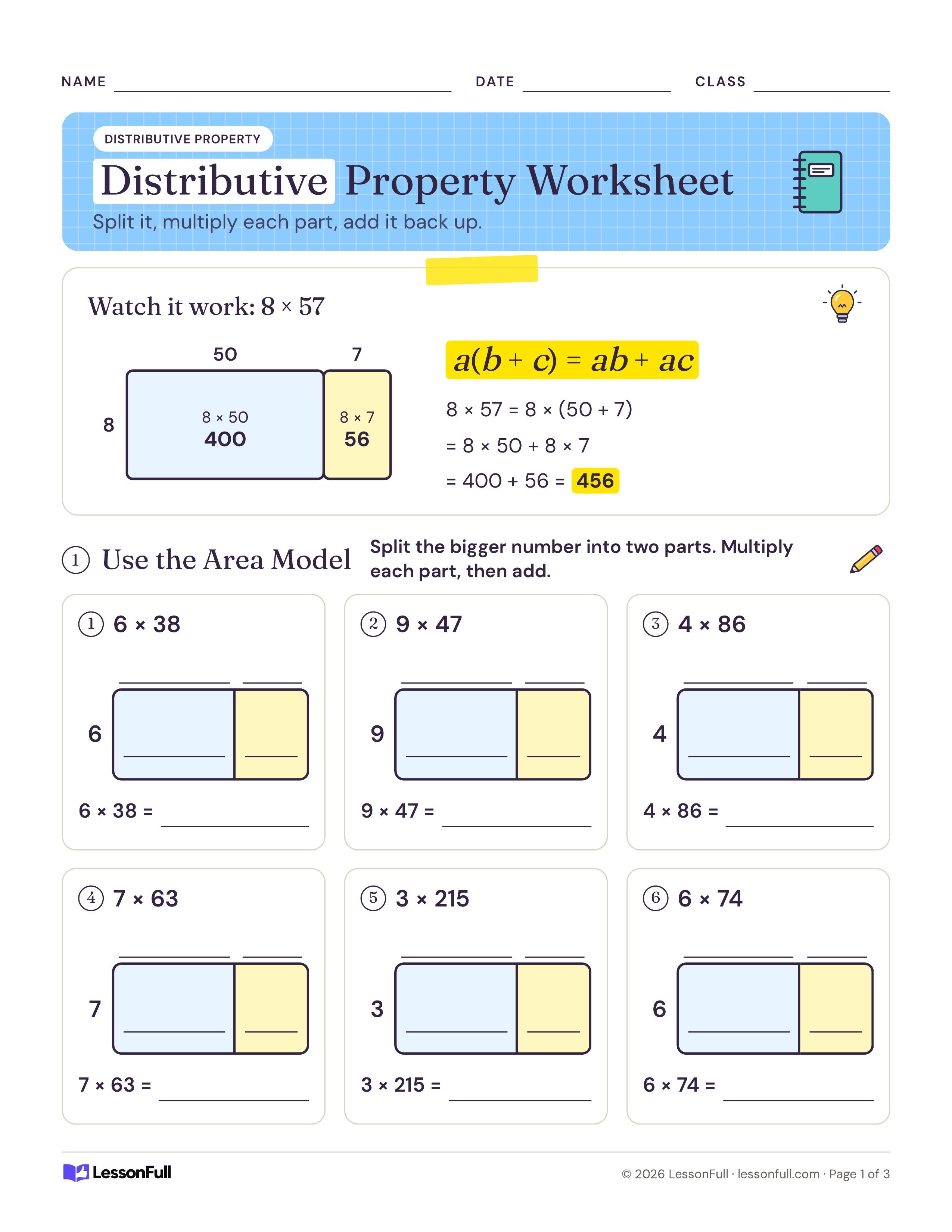 Distributive Property Worksheet: a worked 8 × 57 area model beside the a(b + c) rule, then six two-part area model rectangles to fill in and multiply