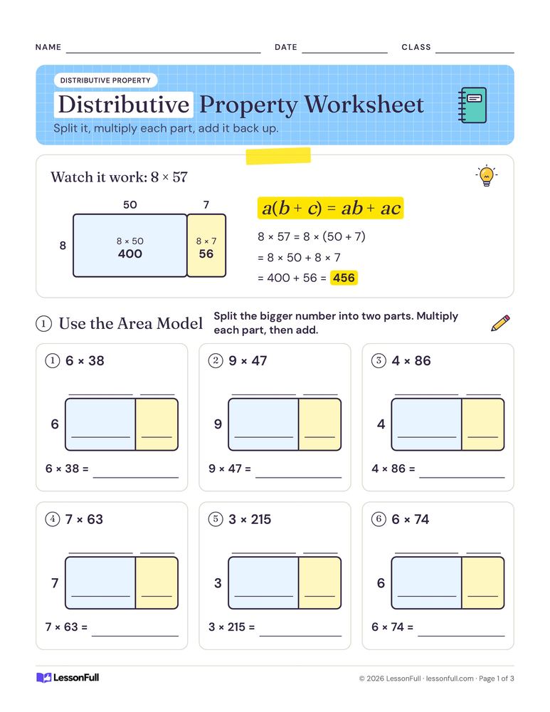 Distributive Property Worksheet — math worksheet for grades 6–7