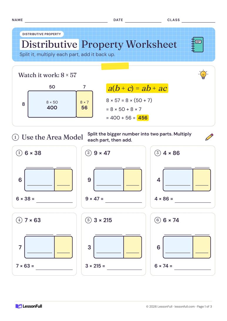 Distributive Property Worksheet — maths worksheet for years 6–7