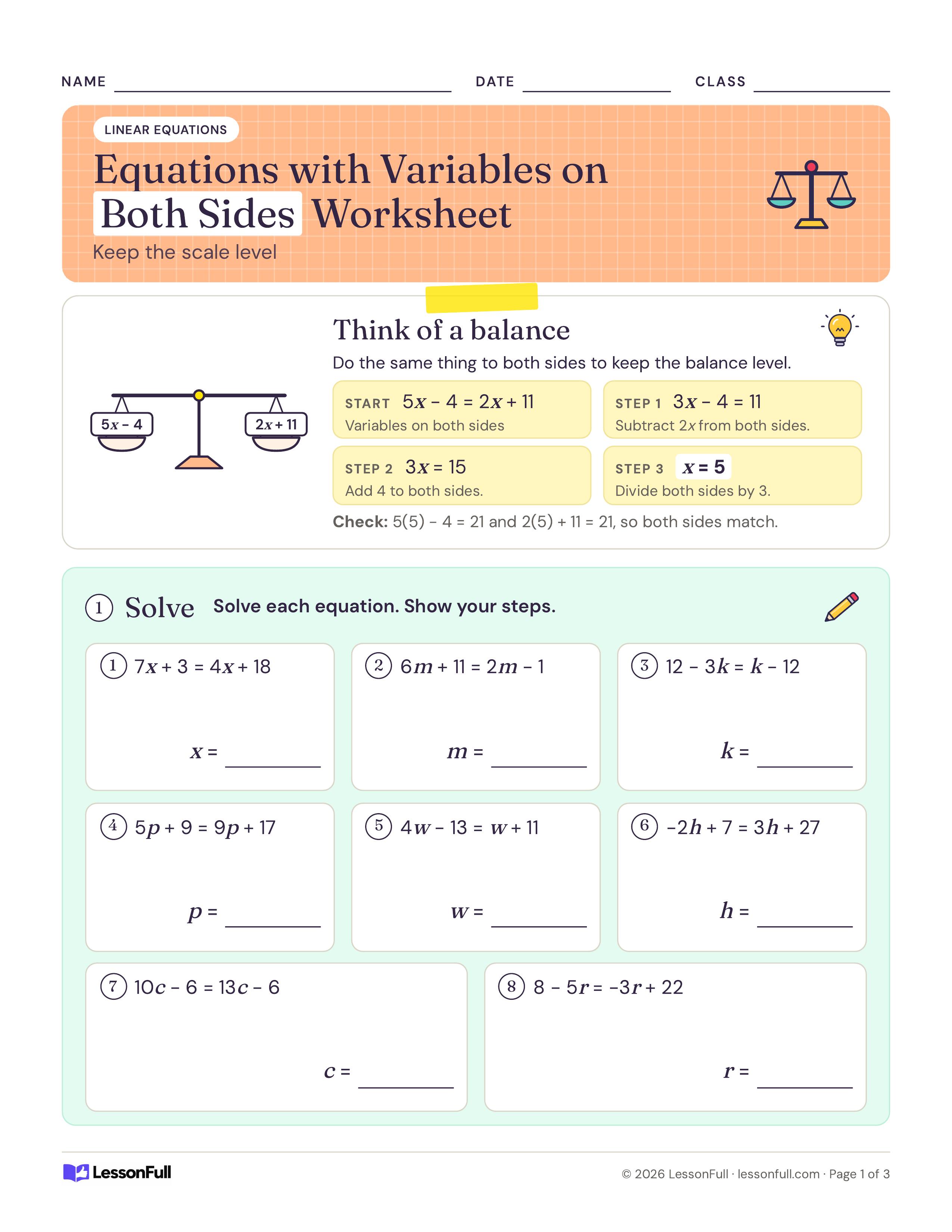 Equations with Variables on Both Sides Worksheet: a balance scale showing 5x − 4 and 2x + 11 with a solved step-by-step example, plus eight equations to solve