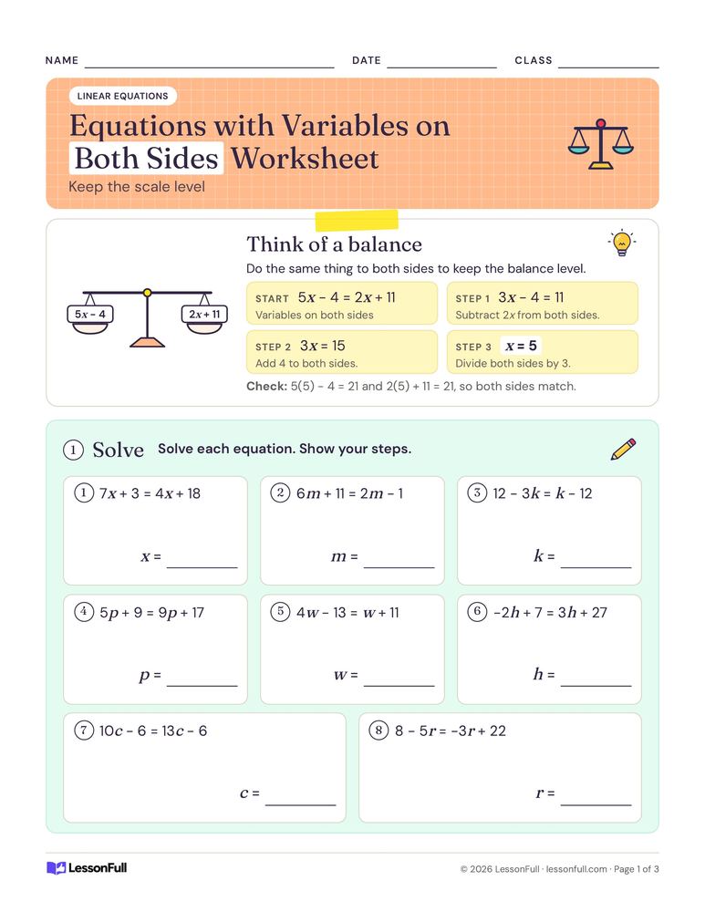 Equations with Variables on Both Sides Worksheet — math worksheet for grades 8–9