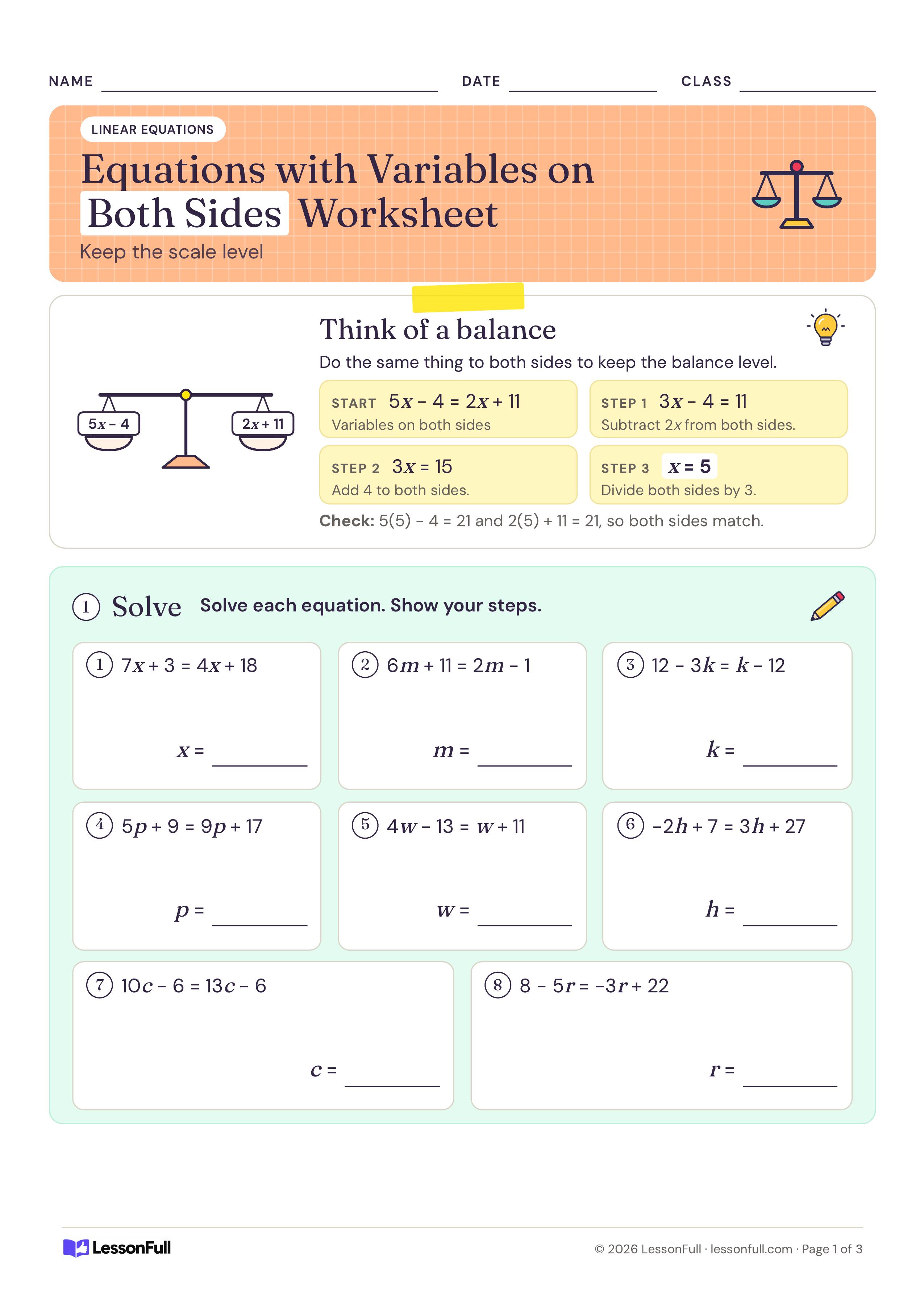 Equations with Variables on Both Sides Worksheet: a balance scale showing 5x − 4 and 2x + 11 with a solved step-by-step example, plus eight equations to solve