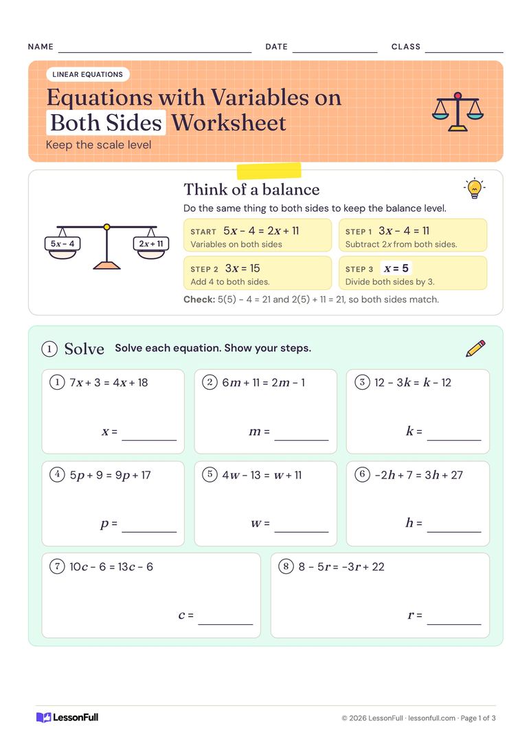Equations with Variables on Both Sides Worksheet — maths worksheet for years 8–9